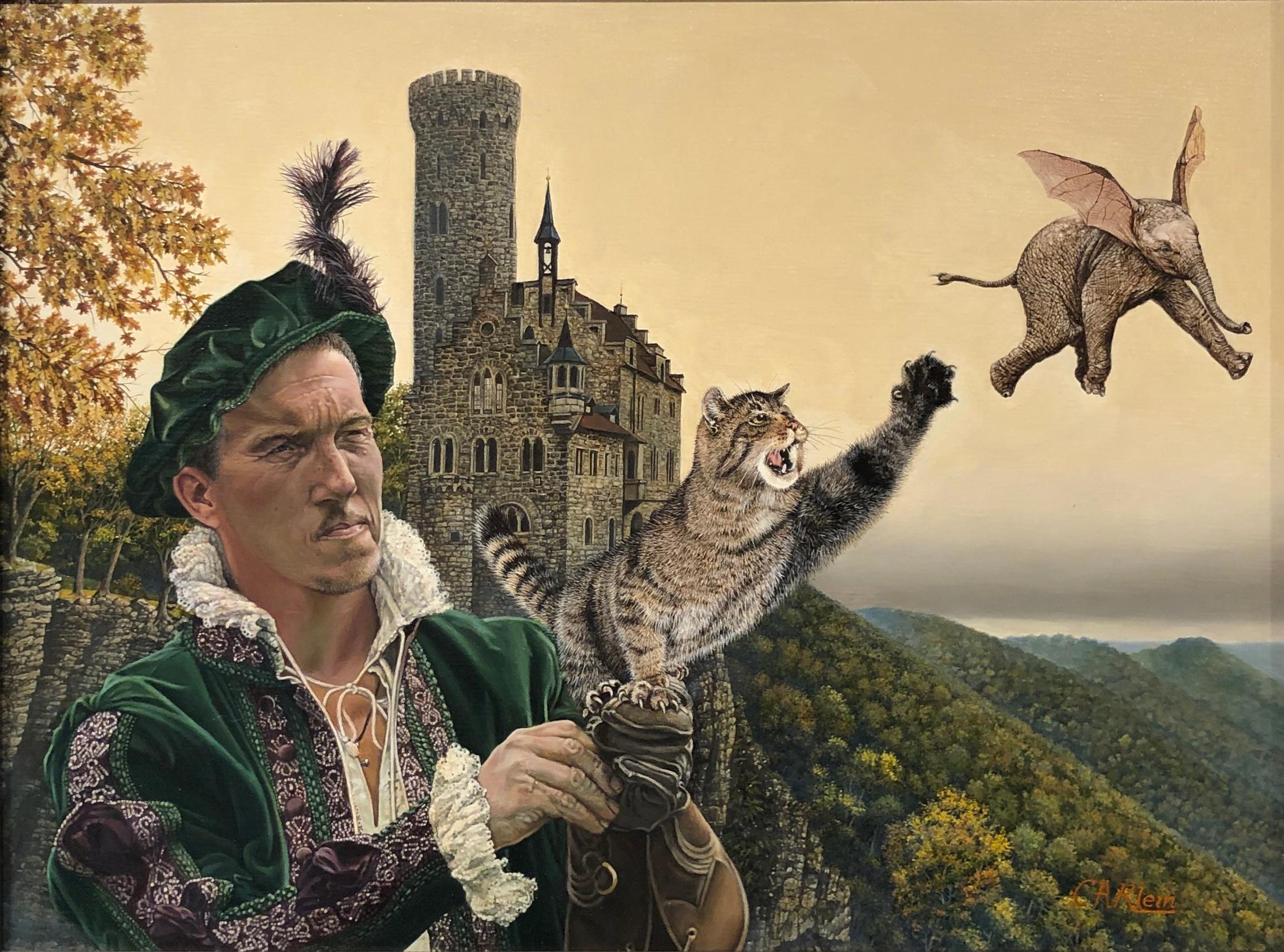 Christopher Klein Animal Painting – Cat as Catch Can - Surreales Gemälde, Katze, mittelalterliche Falconry, Bat-Eared Elephant