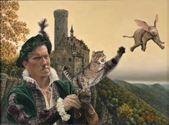 Cat as Catch Can -Surreal Painting, Cat, Medieval Falconry, Bat-Eared Elephant