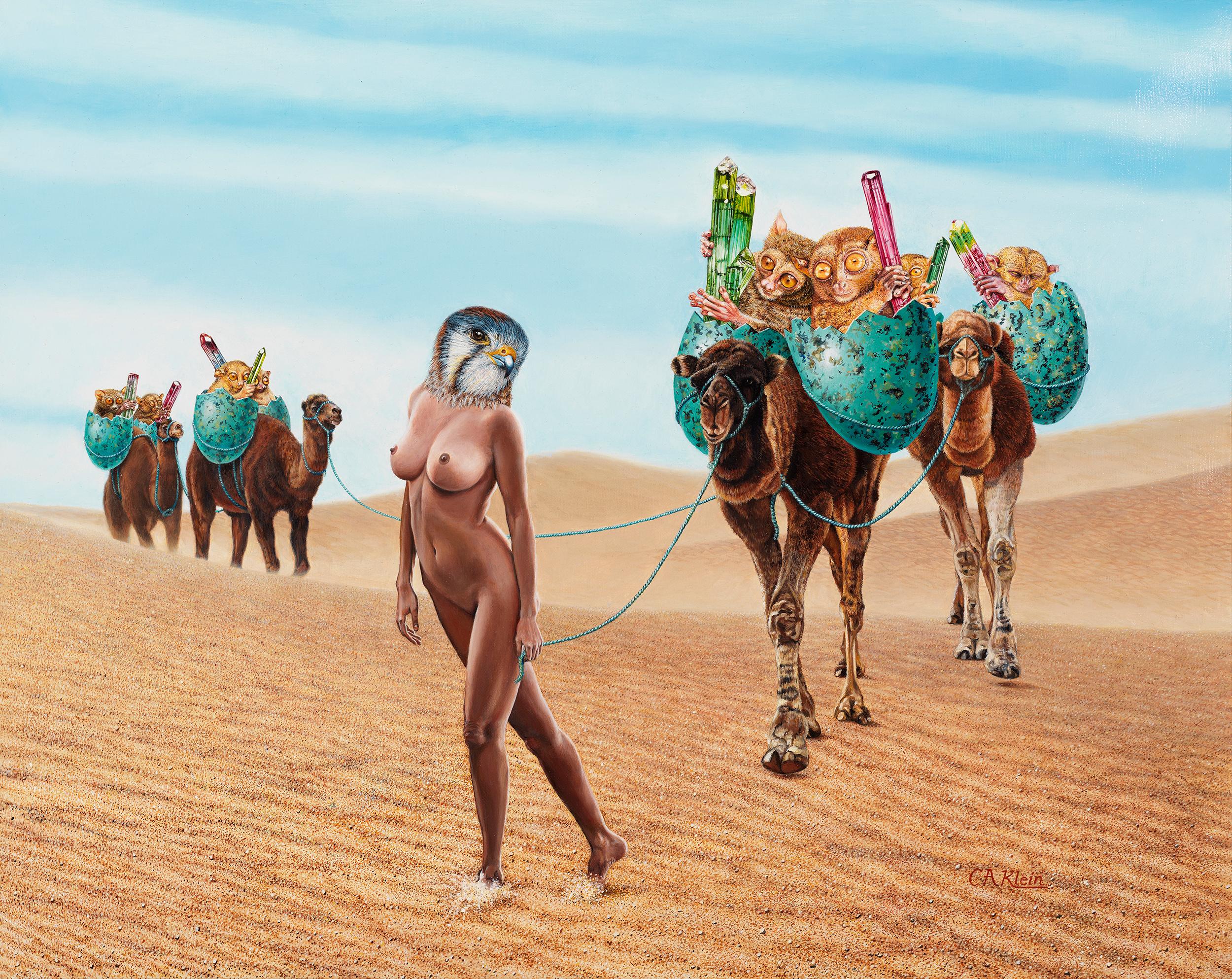 „Coming Out of the Wasteland“ – Surreales Ölgemälde mit nackter Frau in der Wüste