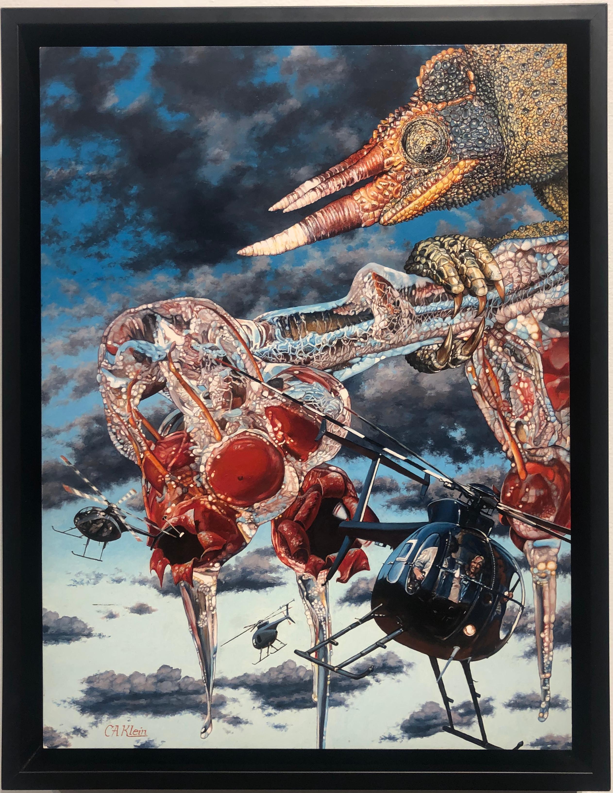 Heli Hutchlings, Surreales Ölgemälde - Riesige Chameleons Krabben Apfeln Hubschraubenflugzeug – Painting von Christopher Klein