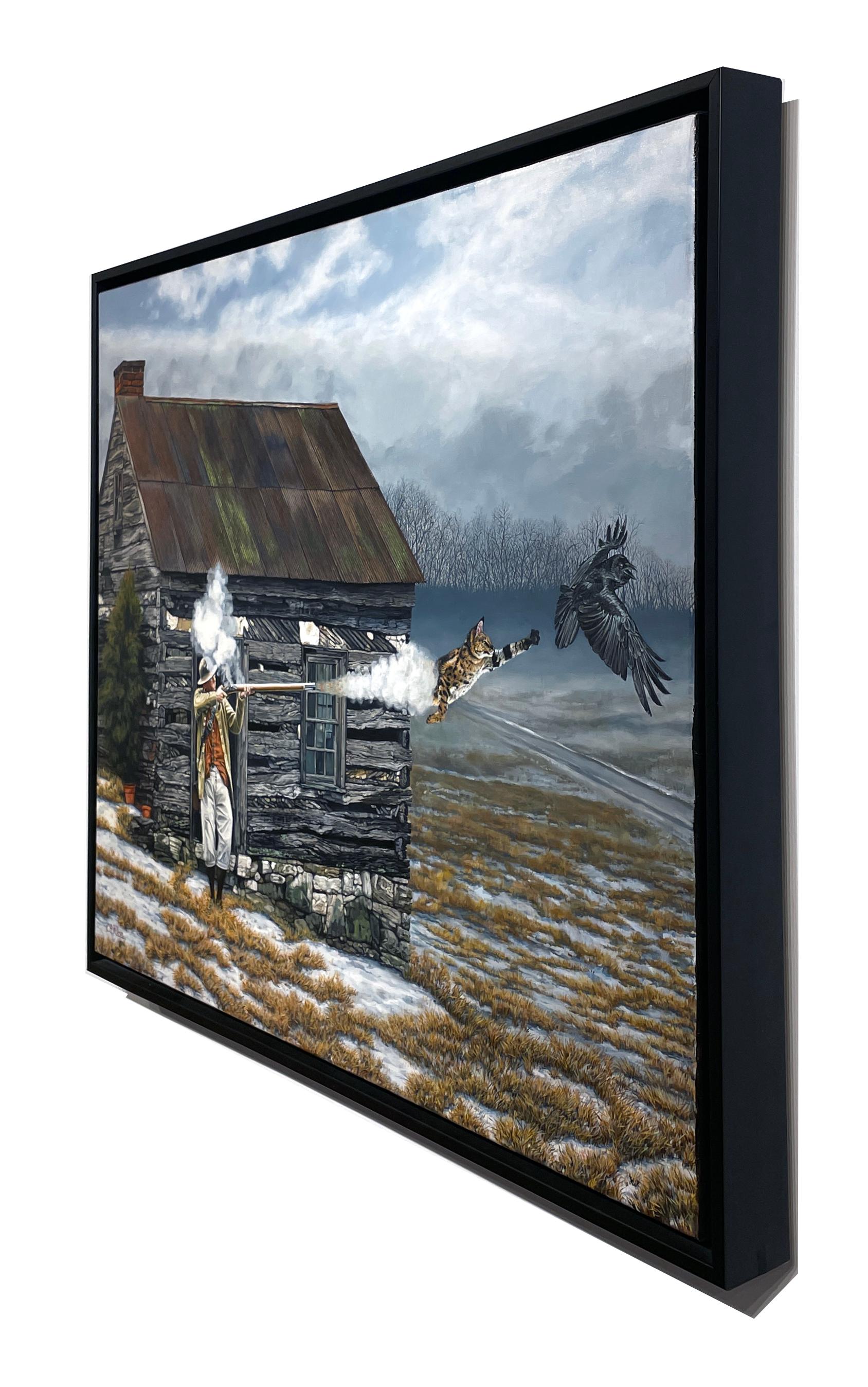 Muscatteer - Surreale ländliche Szene, hyperrealistisches Original-Ölgemälde, gerahmt (Grau), Figurative Painting, von Christopher Klein