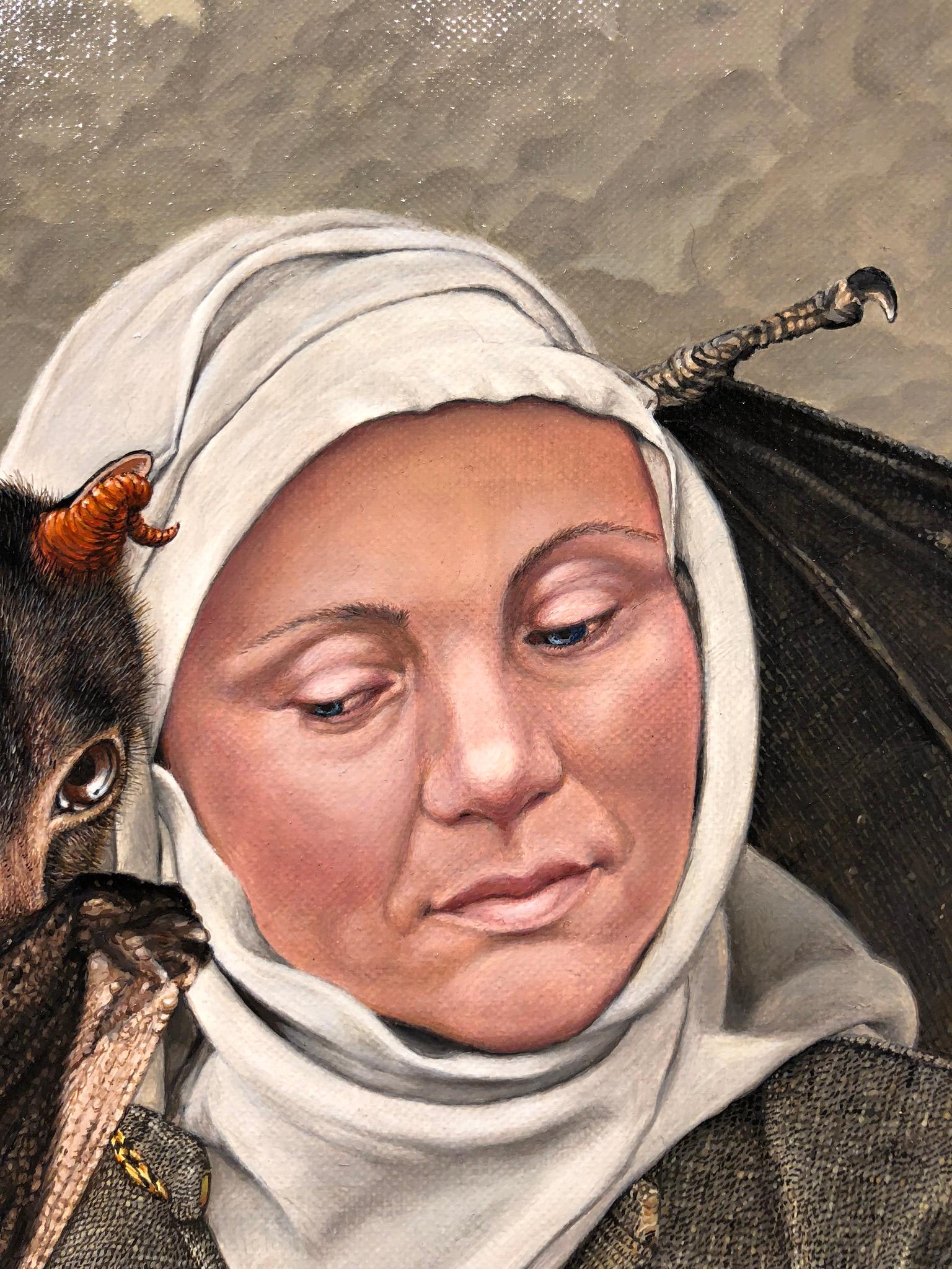 Temptation of St. Anthony, Surrealist Oil Painting with Female, Bat and Saint 1