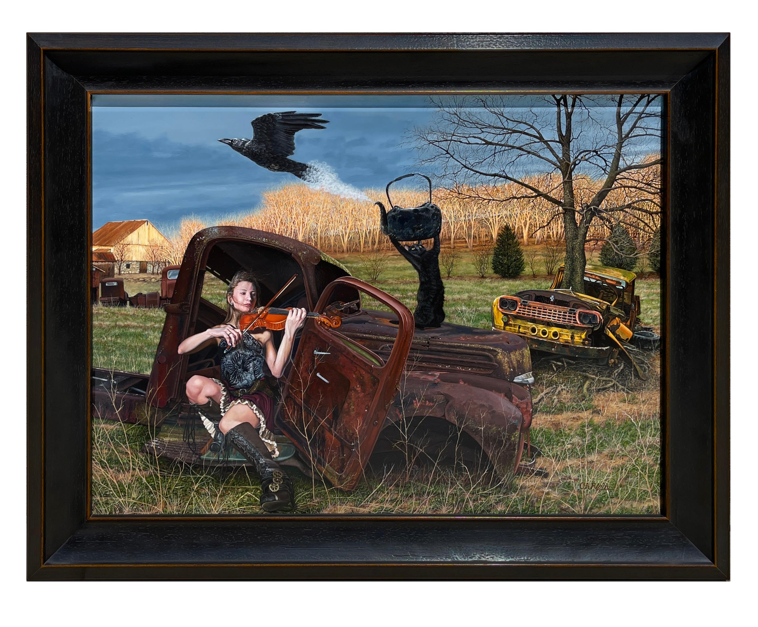Il suono della stagione che cambia - Scena rurale surreale, iperrealistica - Painting di Christopher Klein