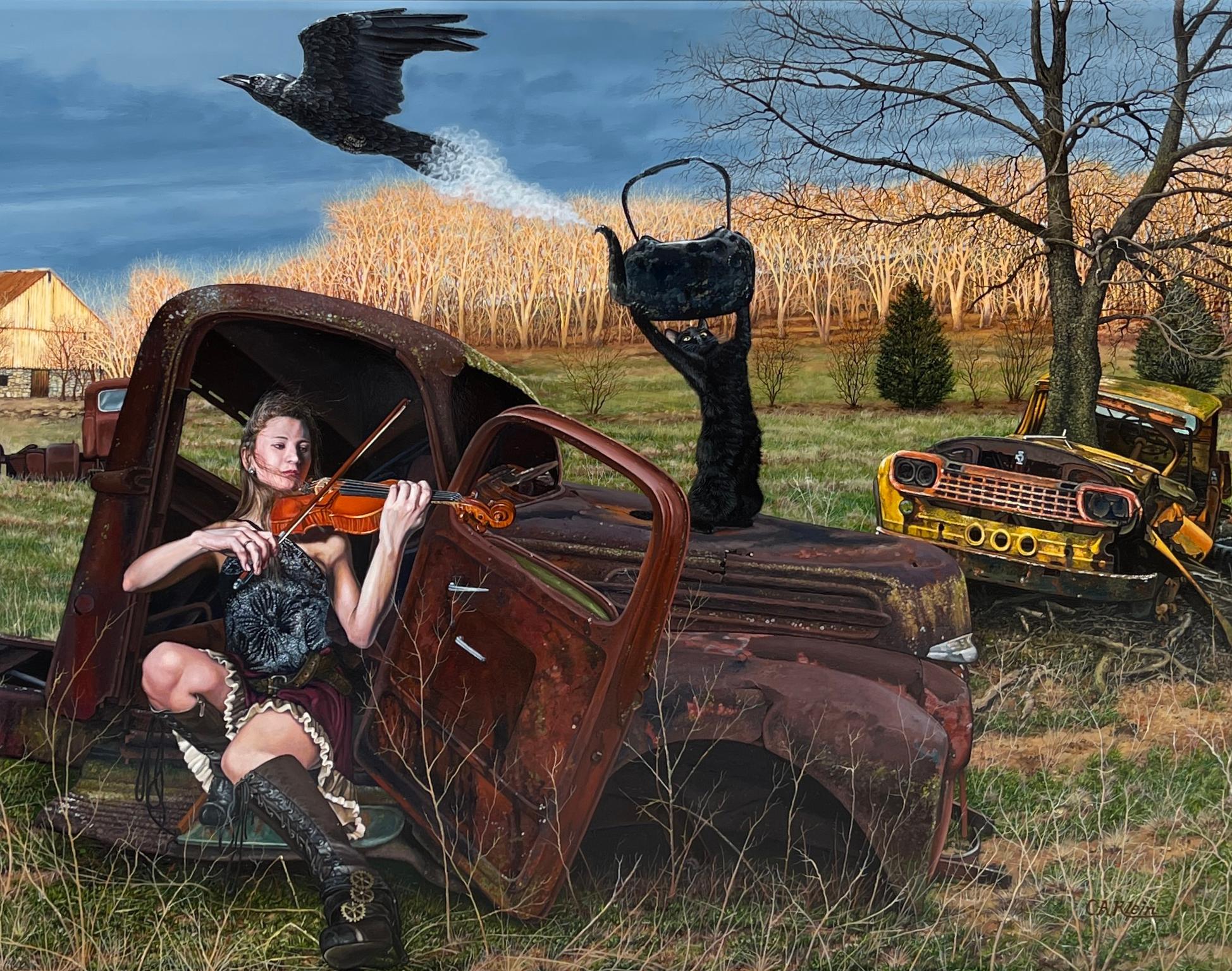 Il suono della stagione che cambia - Scena rurale surreale, iperrealistica - Painting Surrealismo di Christopher Klein