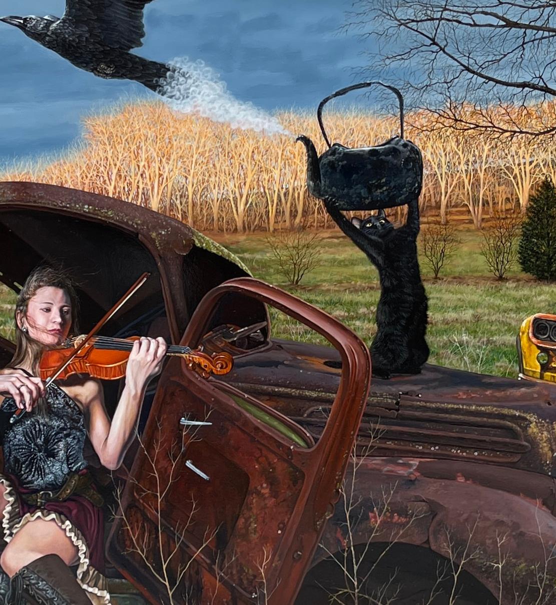 Il suono della stagione che cambia - Scena rurale surreale, iperrealistica - Animal Painting Marrone di Christopher Klein