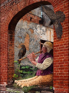 El Flautista de Primavera - Pintura Alegórica Altamente Detallada con Dama Gato y Cuervos