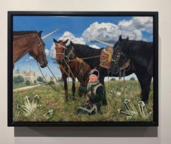 The Unicorn Trader, Surreal Painting, Male Figure, Horse-Like Unicorns, Crystals