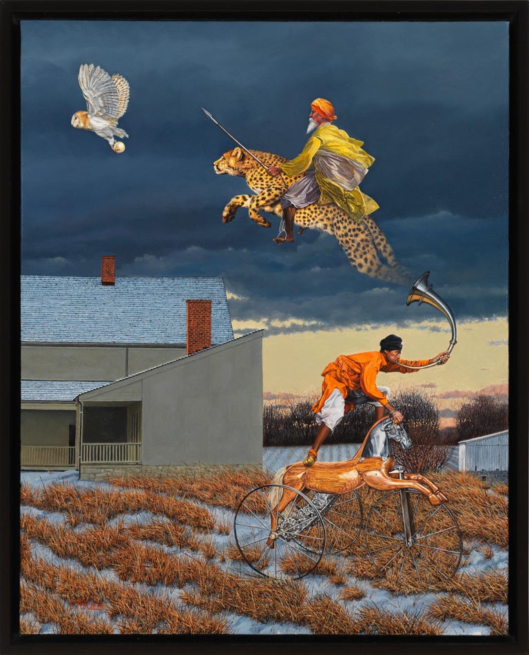 Wisdom Trumps Violence - Surreal Oil Painting with a Leopard, an Owl, and a Man - Gray Animal Painting by Christopher Klein