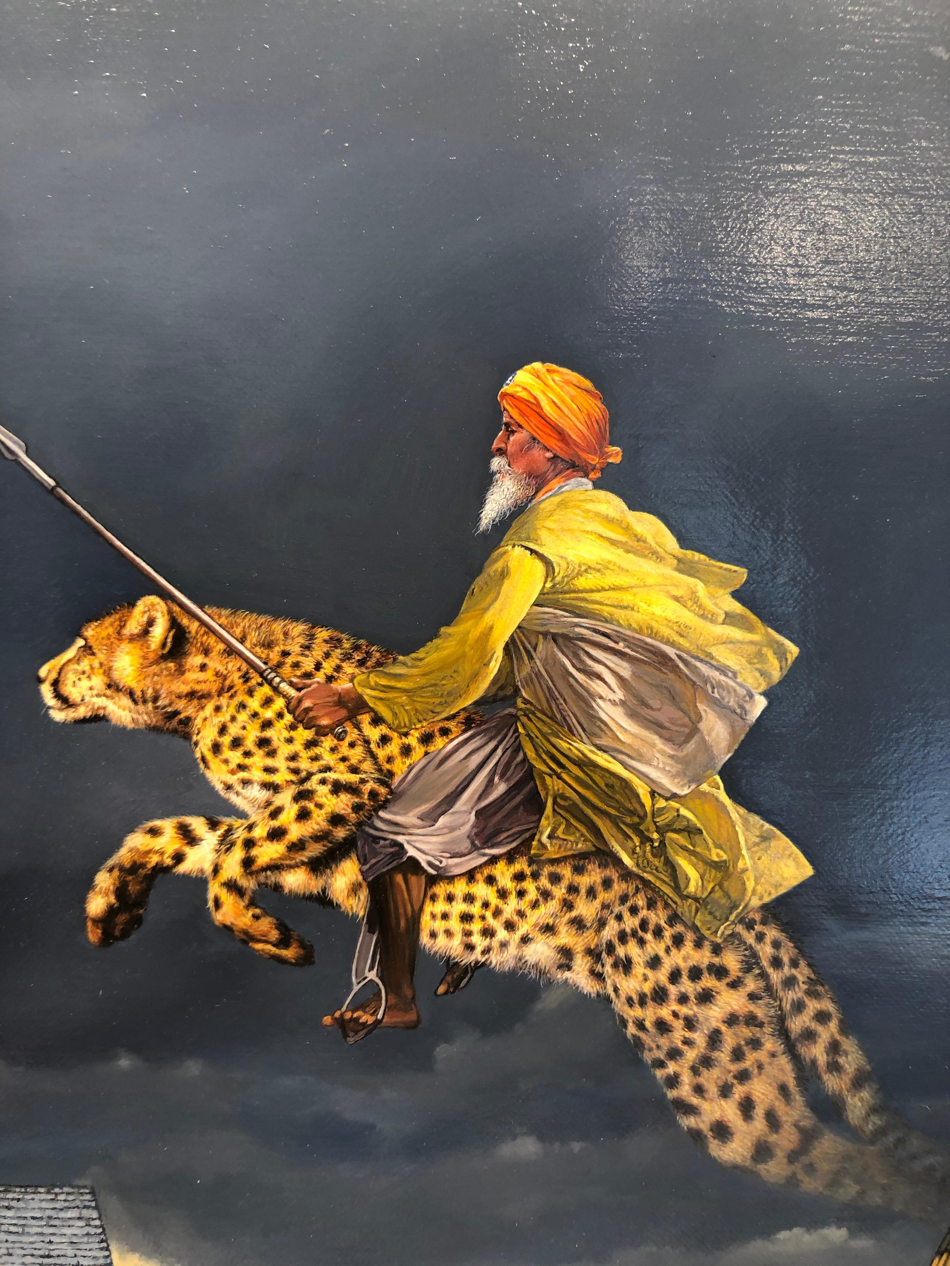 Toying (e.g., rider on toy horse) with violent threats is not wise. The sounds (e.g., horn) of violence (e.g., spear and leopard) will never overtake wisdom (e.g., owl and pearl).  This masterfully painted surrealist artwork draws in the viewer with