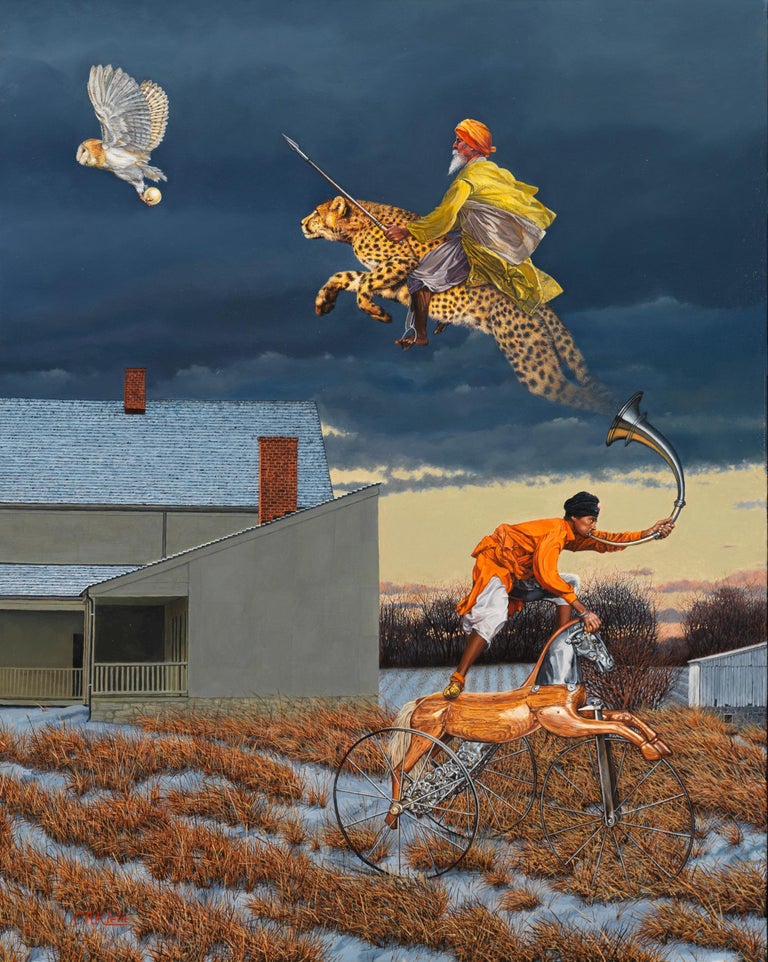 Christopher Klein Animal Painting - Wisdom Trumps Violence - Surreal Oil Painting with a Leopard, an Owl, and a Man