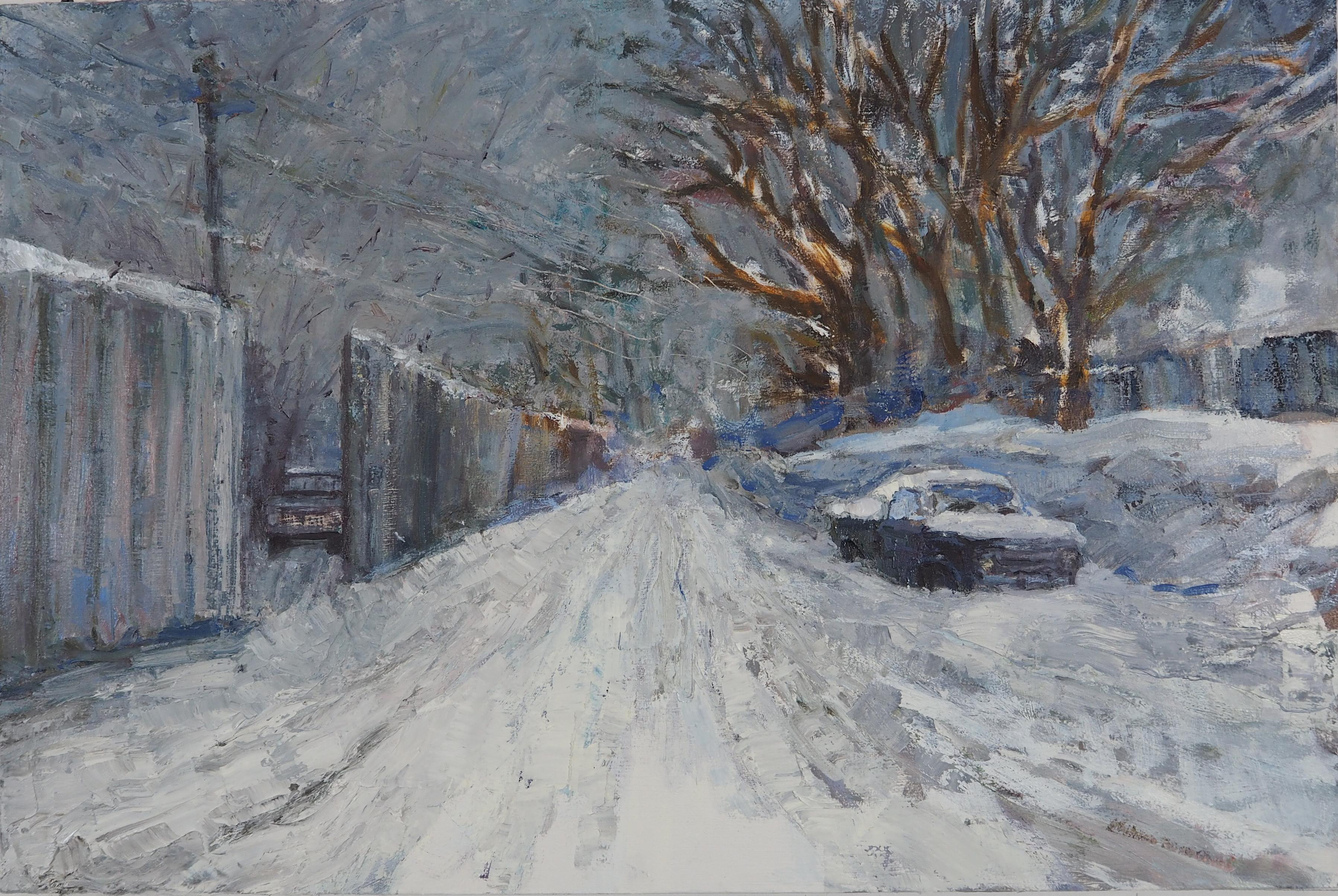 Christopher Lowry Johnson Landscape Painting - "Sunnyside Snow" Contemporary Impressionist Winter Urban Landscape