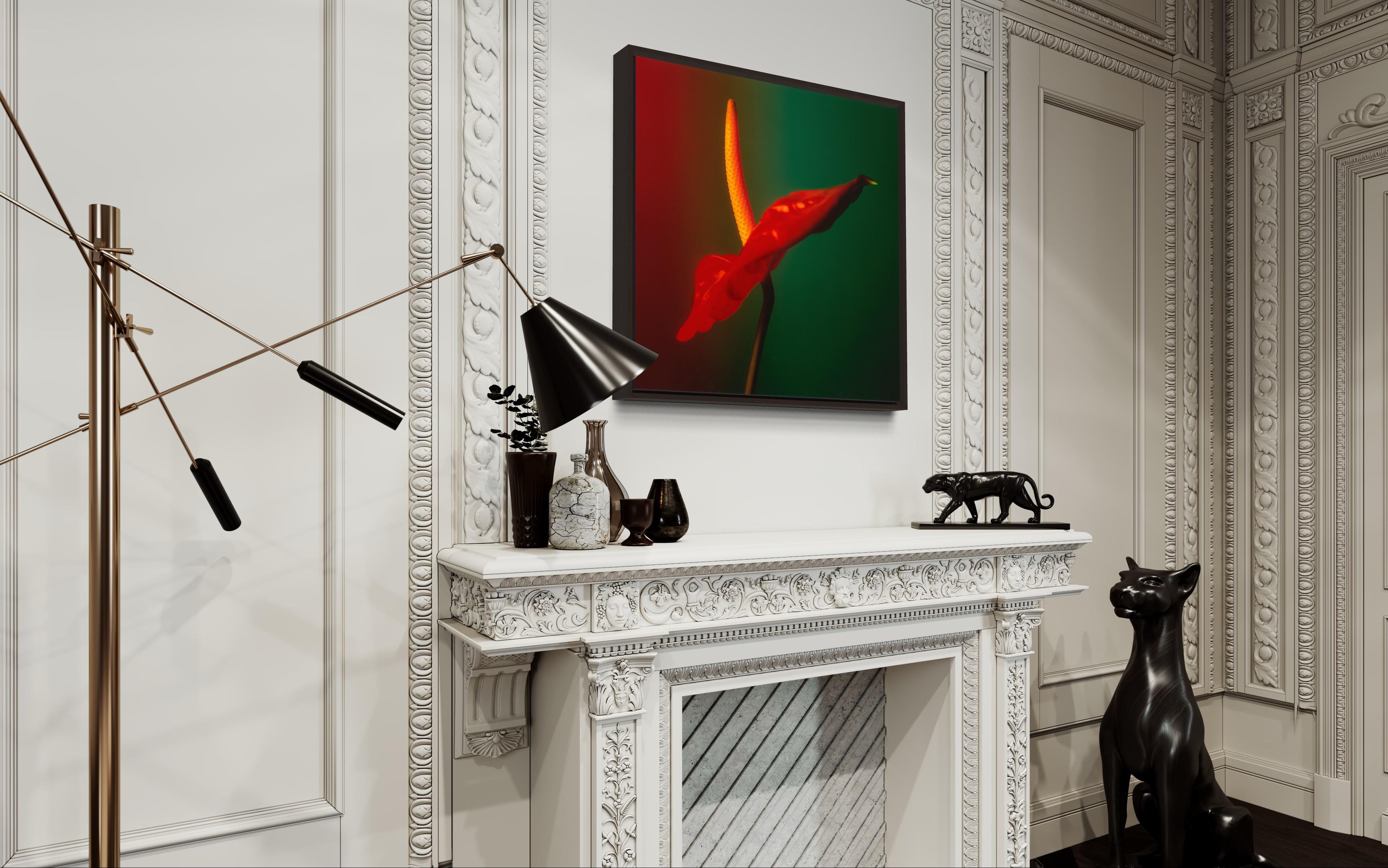 Colour Photograph of Anthurium flower in Red Green and Yellow, Custom framed For Sale 3