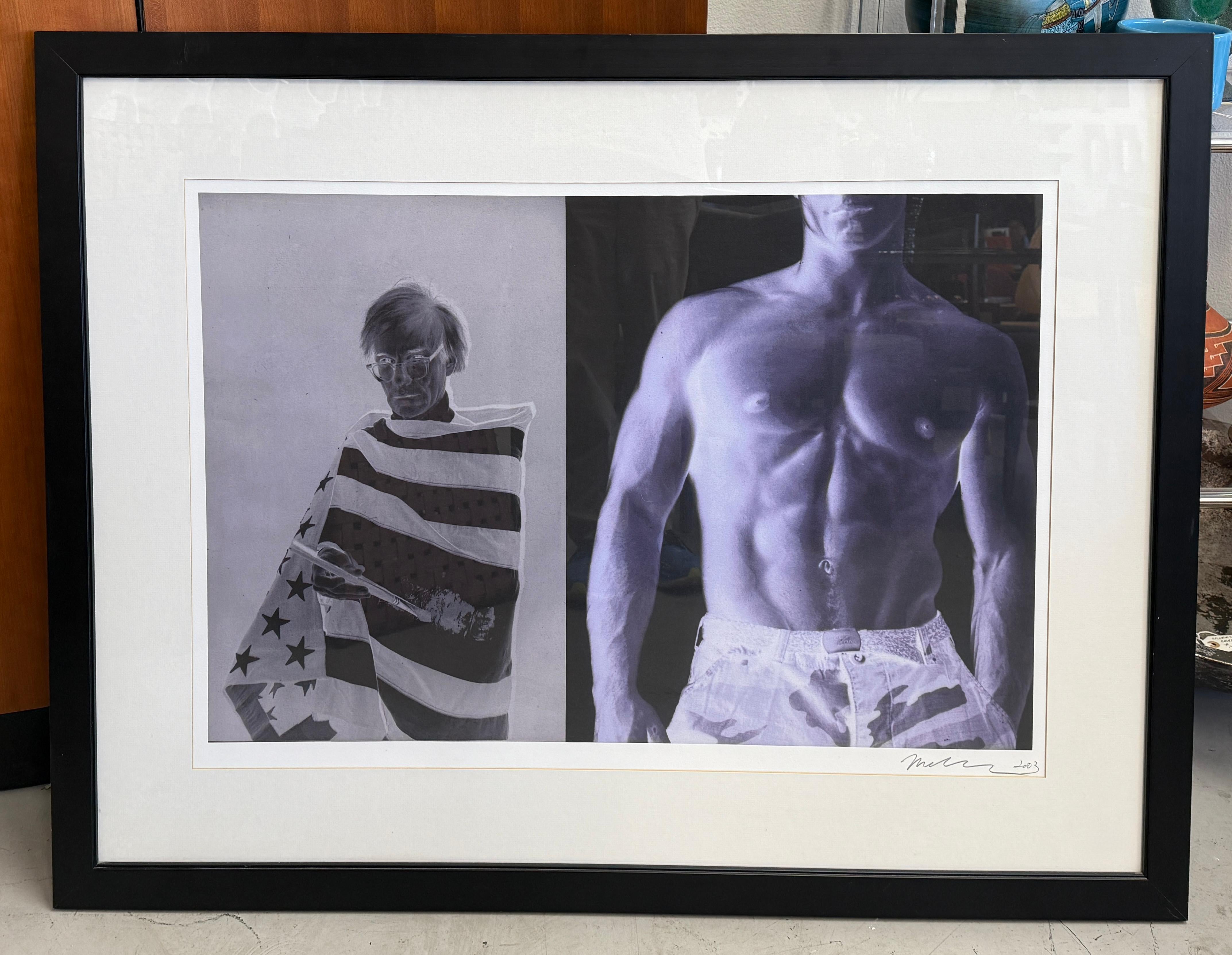 A 2003 print by the renown photographer and visual artist Christopher Makos. It depicts two images, one of Andy Warhol wrapped in an American flag, the second of a topless male torso. 
Makos apprenticed with Man Ray and assisted and collaborated