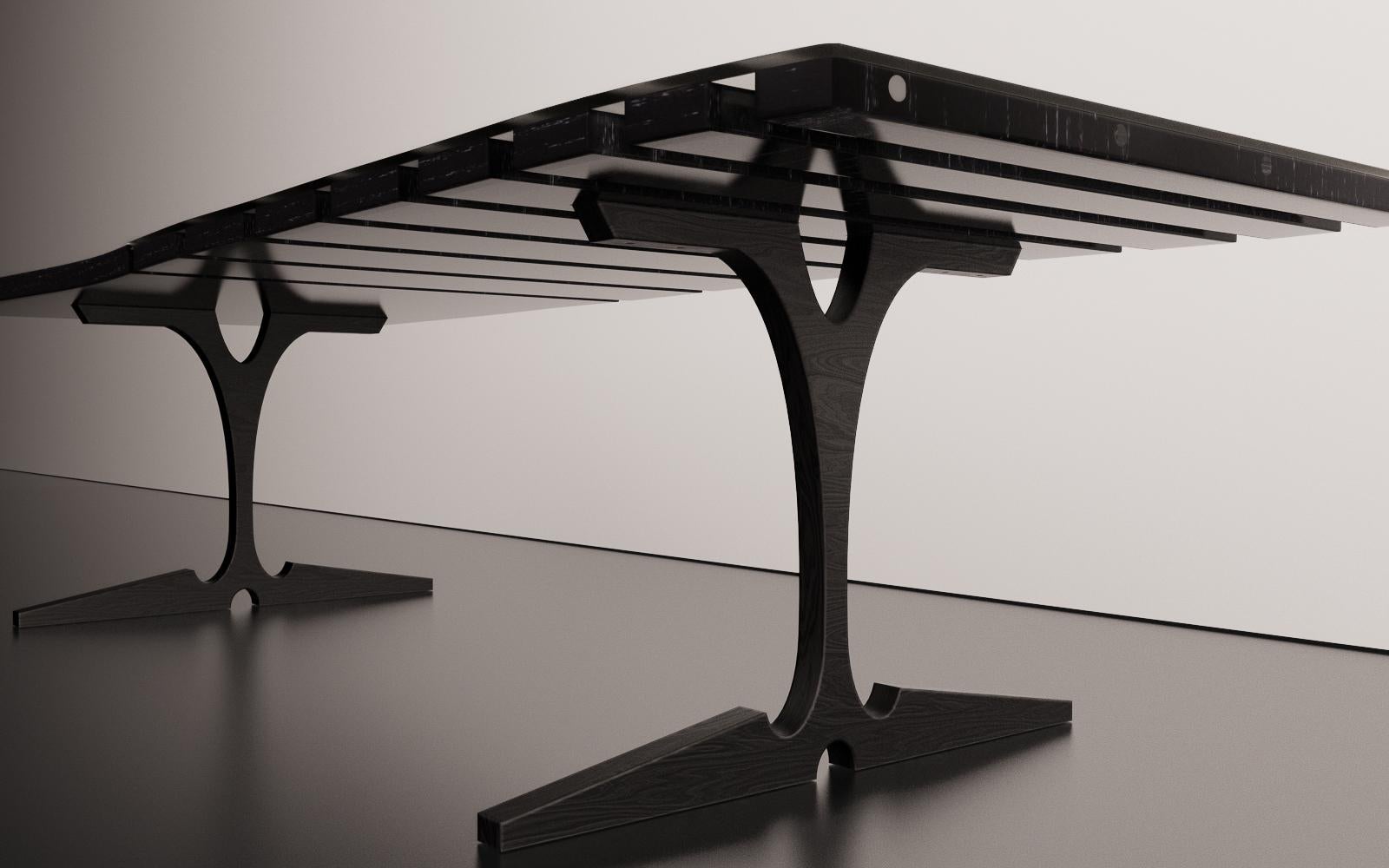 The Garni dining table by Christopher Mark is a hand crafted one of one piece. Christopher was inspired by the rock formation at Garni Gorge in Yerevan, Armenia. The top of the dining table is made of a single slab that has been divided into