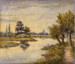 Antique Impressionist English River Landscape - Original Oil Painting, Signed