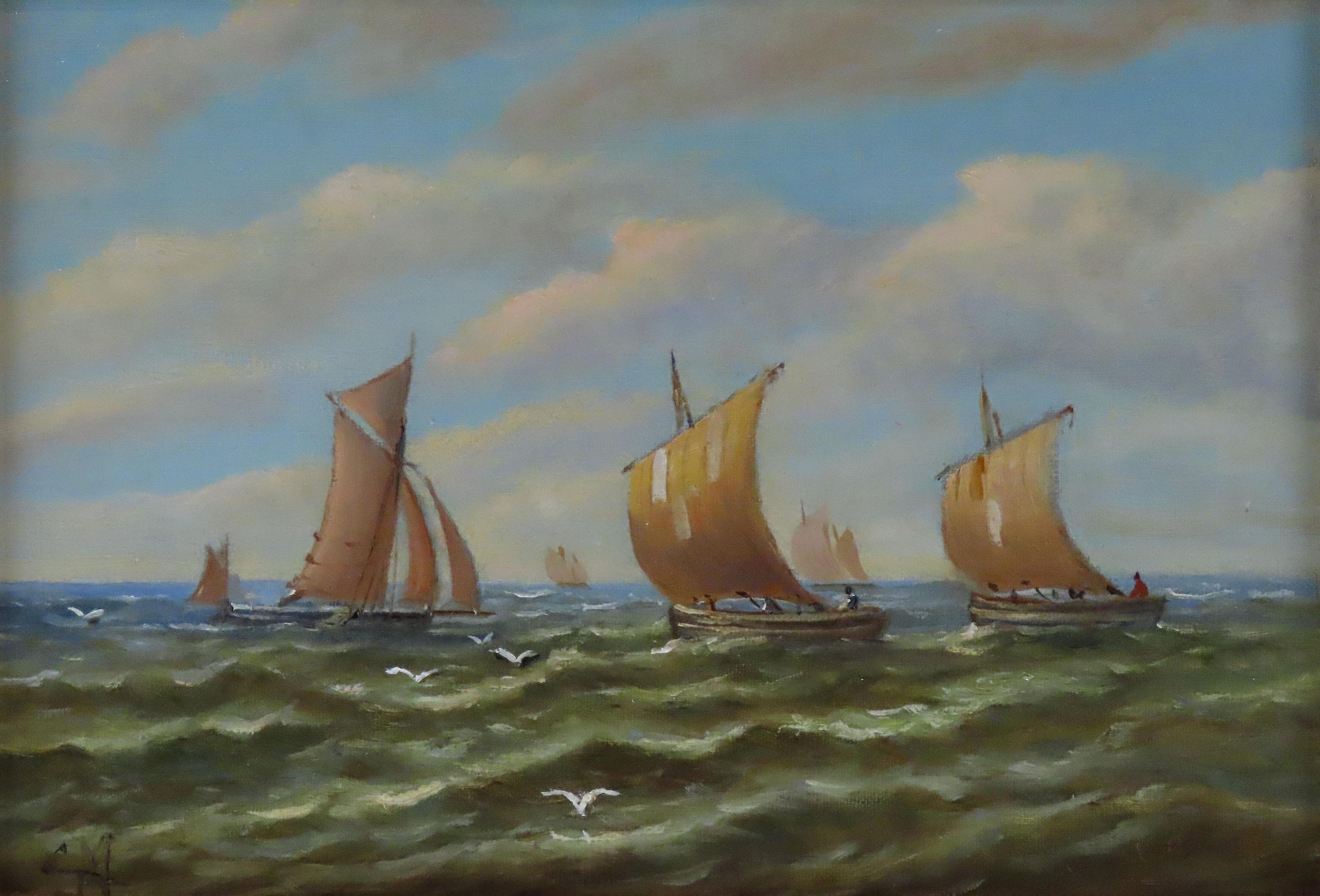 Paar Ölgemälde auf Karton, Christopher Mark Maskell. „A Suffolk Fishing Fleet“ im Angebot 9