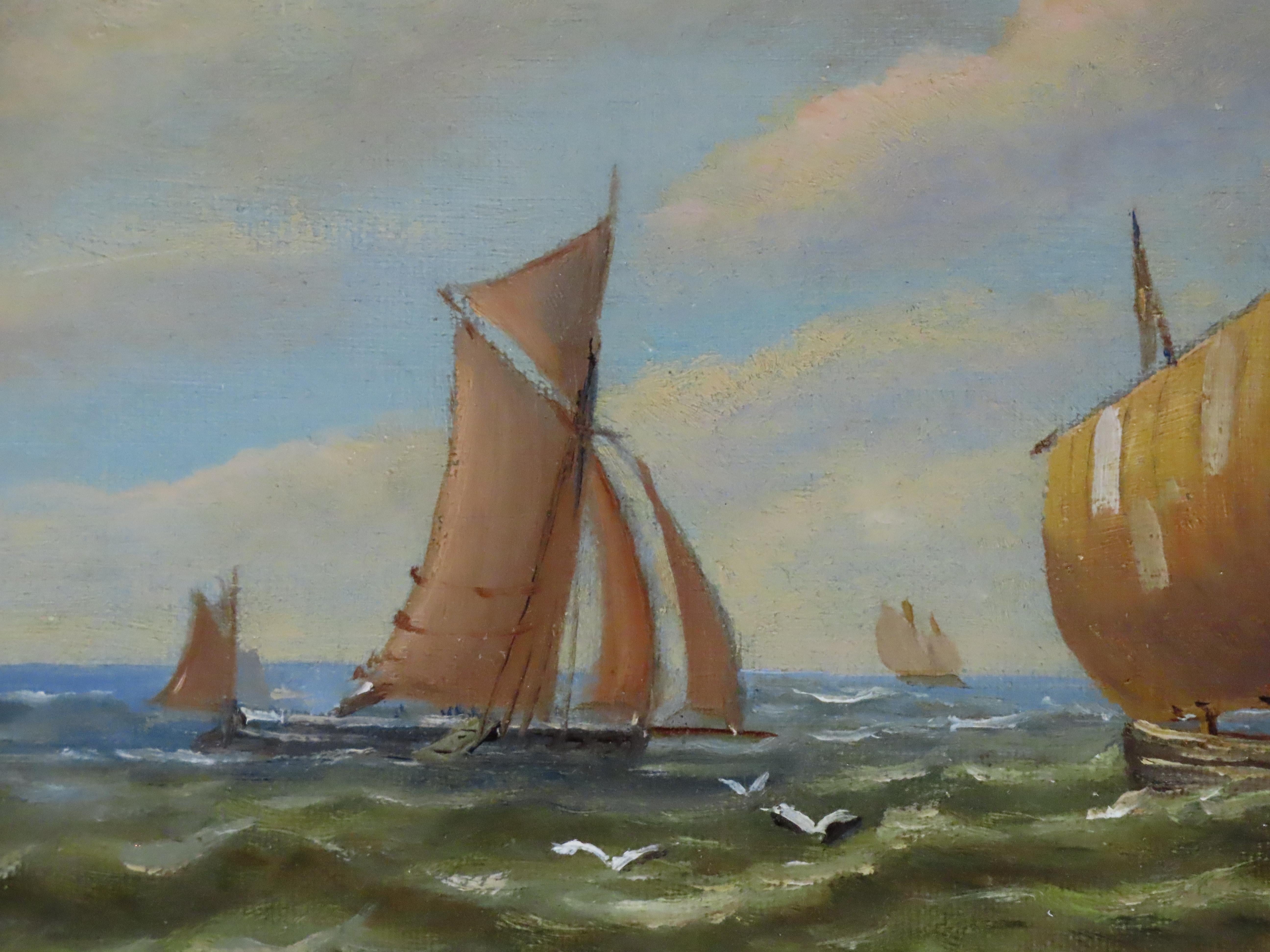 Paar Ölgemälde auf Karton, Christopher Mark Maskell. „A Suffolk Fishing Fleet“ im Angebot 11