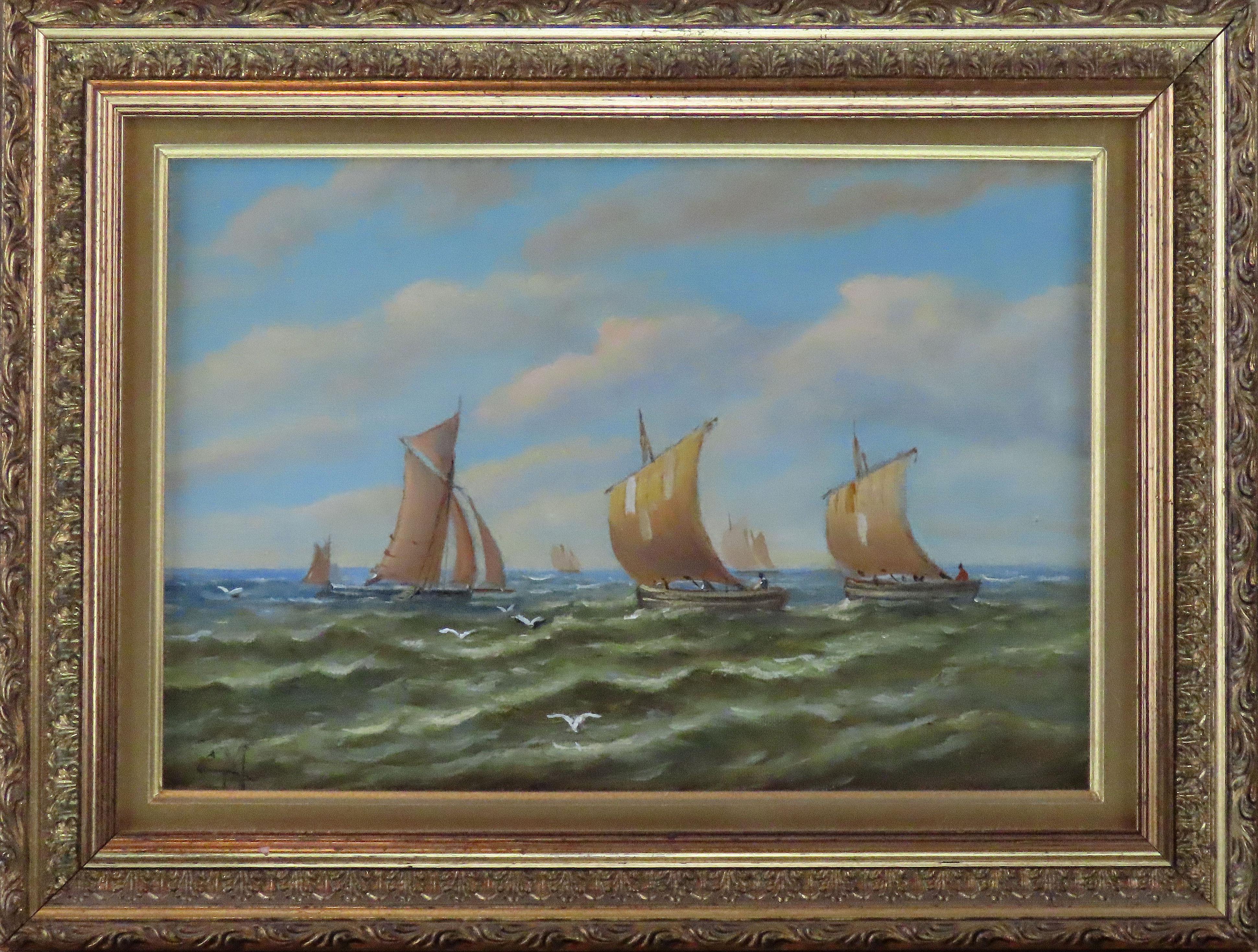 Paar Ölgemälde auf Karton, Christopher Mark Maskell. „A Suffolk Fishing Fleet“ im Angebot 1