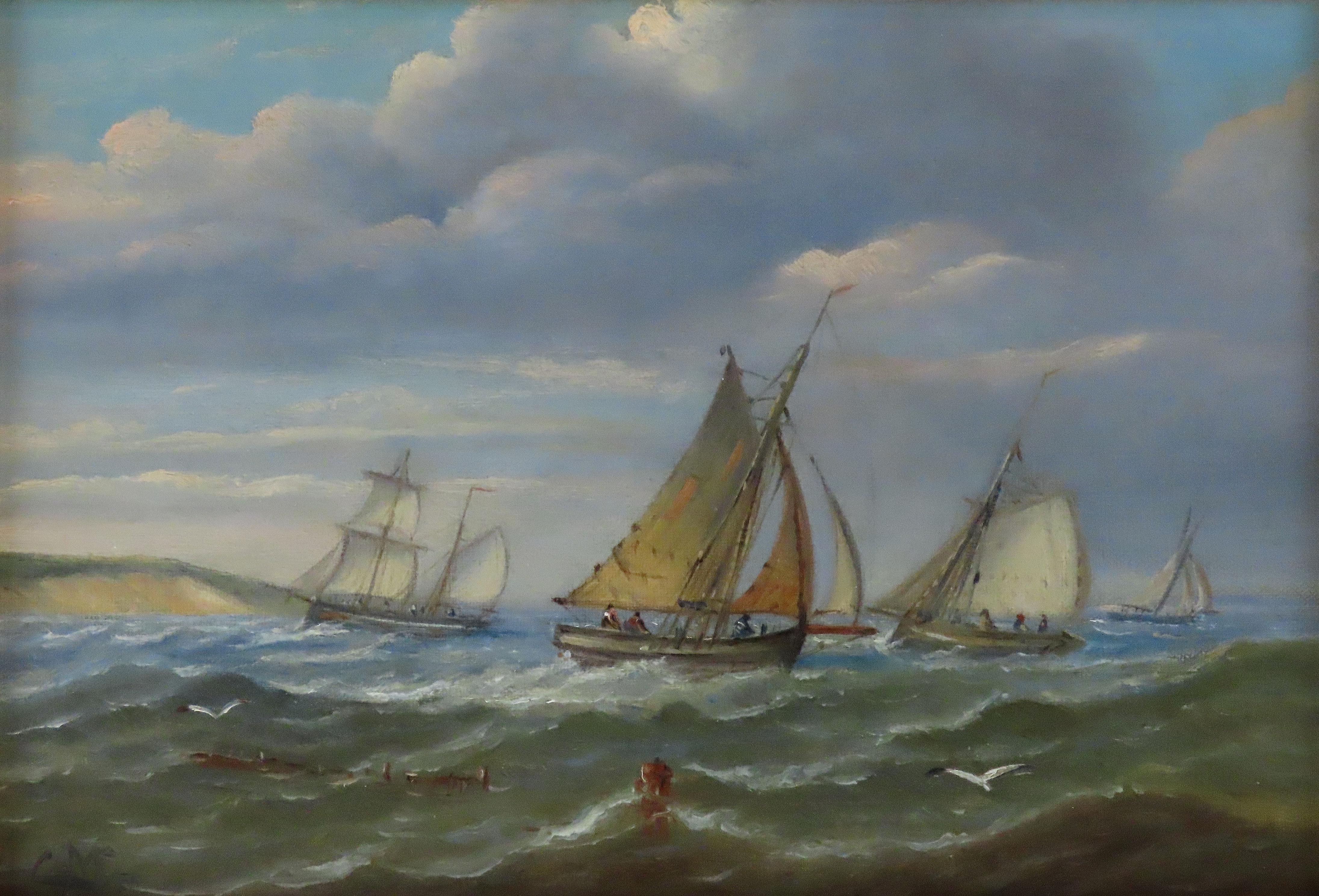 Paar Ölgemälde auf Karton, Christopher Mark Maskell. „A Suffolk Fishing Fleet“ im Angebot 3