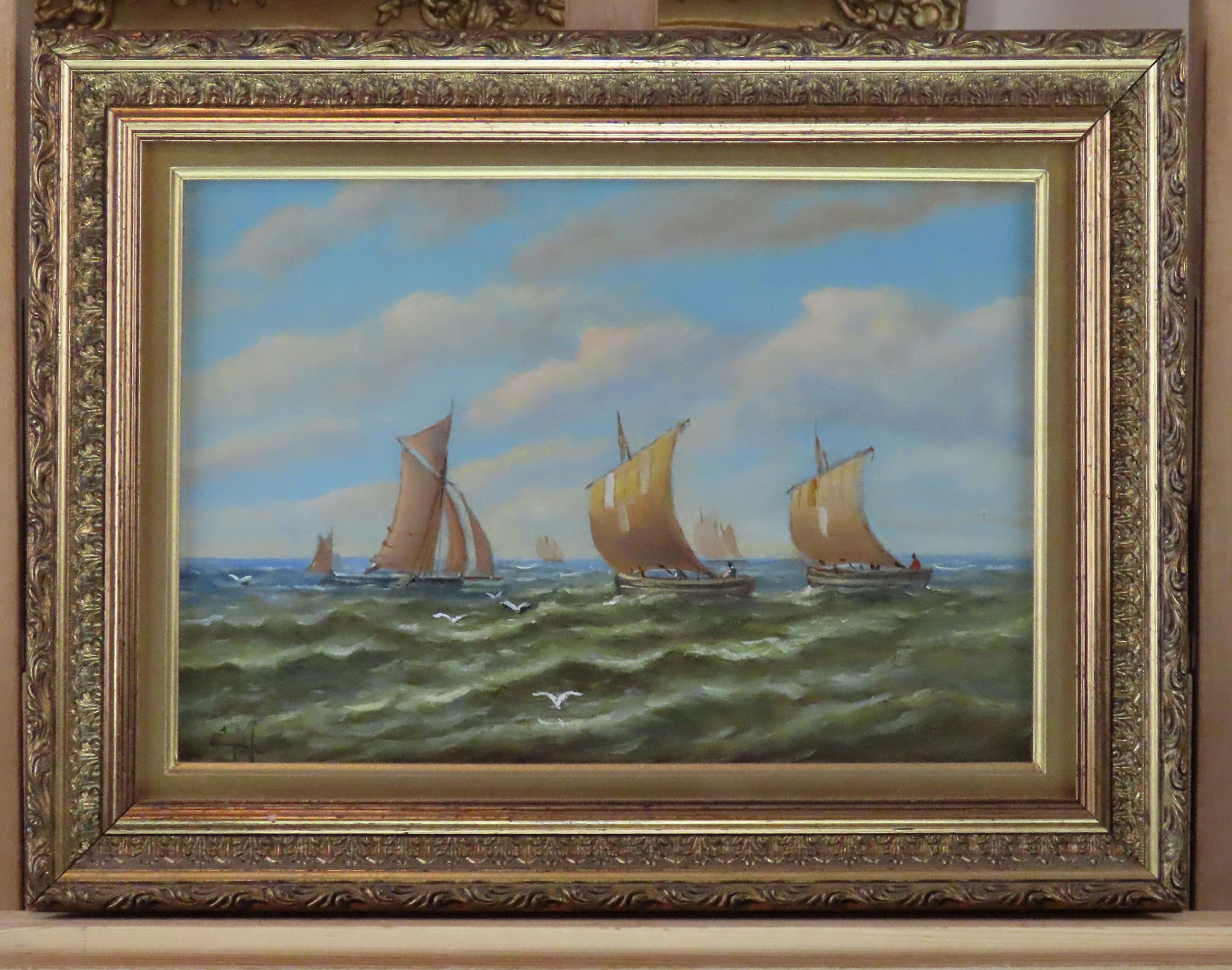 Paar Ölgemälde auf Karton, Christopher Mark Maskell. „A Suffolk Fishing Fleet“ im Angebot 8