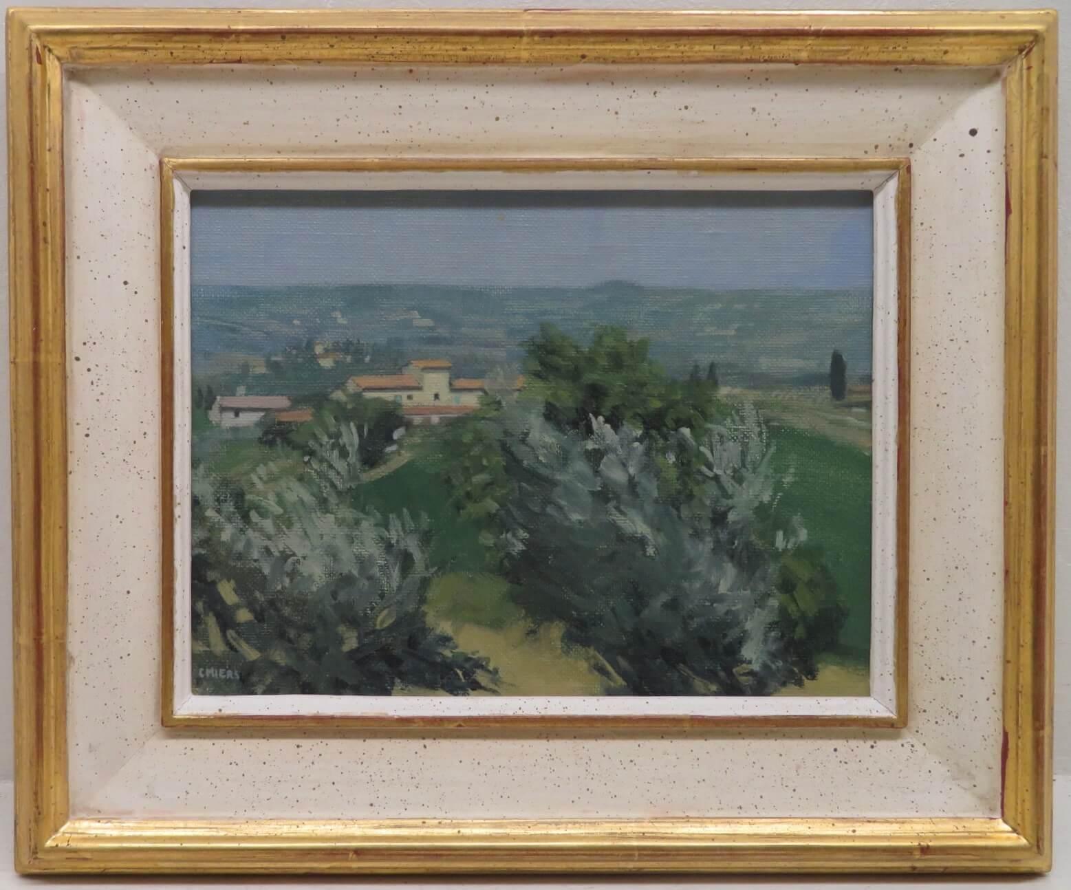 ARTIST: Christopher Miers RBA (1941-) English 
TITLE: "Tuscan Landscape Towards Fabbrica"
MEDIUM: oil on board
SIZE:  29cm x 24cm inc frame 
NOTES: Painter of landscape and still life, born into an Army family. Although showing an aptitude for
