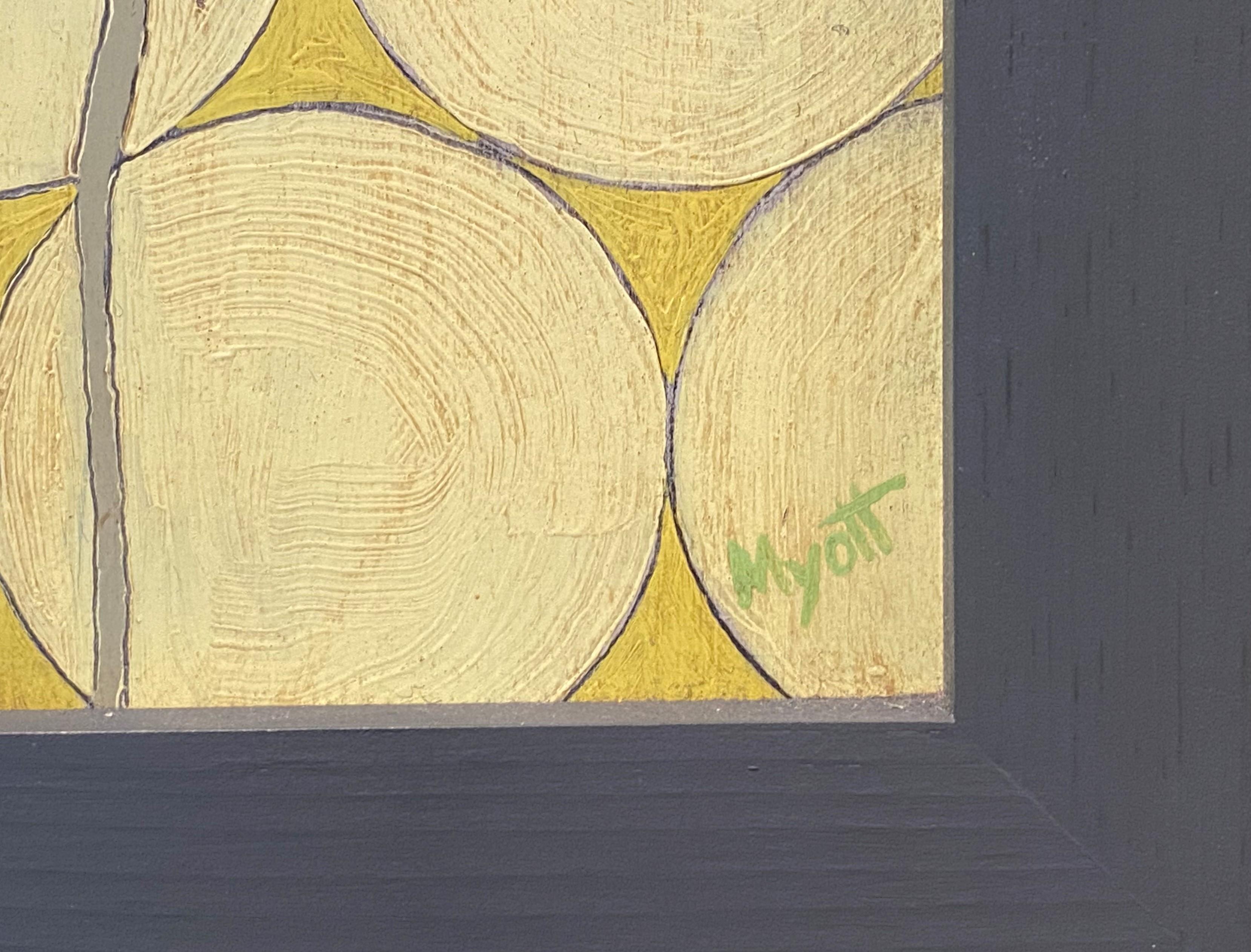 A fine modernist abstract still life oil painting of dandelions by contemporary New Hampshire artist Christopher Myott (1982-). In 2005, Chris Myott received a BS in studio arts at Chester College, located near Manchester, NH, and he spent two years