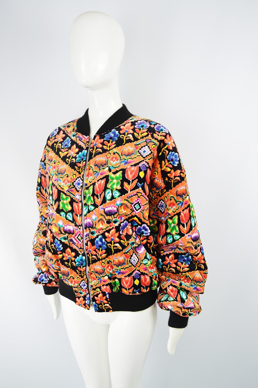 Christopher New 1980s Vintage Multicoloured Printed Velvet Quilted Bomber Jacket In Good Condition In Doncaster, South Yorkshire