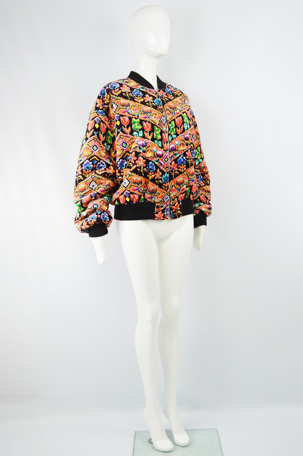 Women's Christopher New 1980s Vintage Multicoloured Printed Velvet Quilted Bomber Jacket