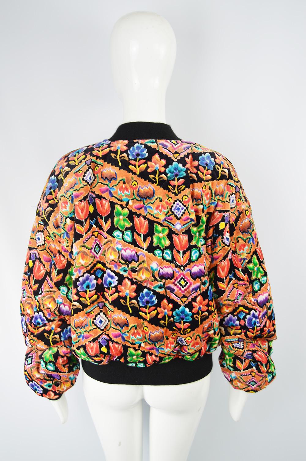 Christopher New 1980s Vintage Multicoloured Printed Velvet Quilted Bomber Jacket 1