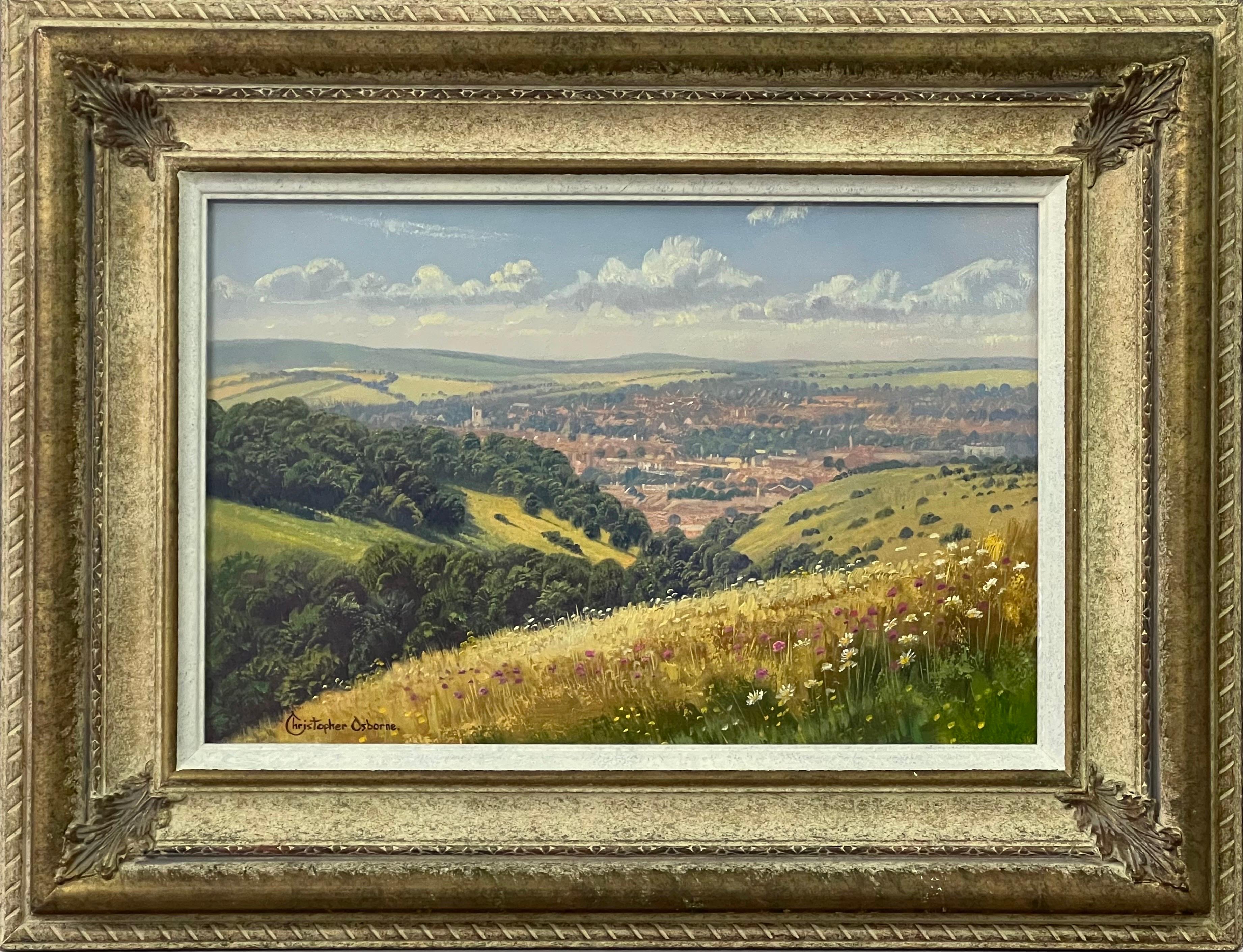 Christopher Osborne Landscape Painting - Elevated View of a Sussex Town in the Countryside of South England in Summer