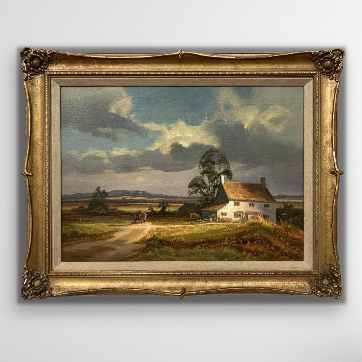 Englisches Bauernhaus mit Pferd undwagen inmitten von Feldern und Bäumen im herbstlichen Sonnenschein – Painting von Christopher Osborne