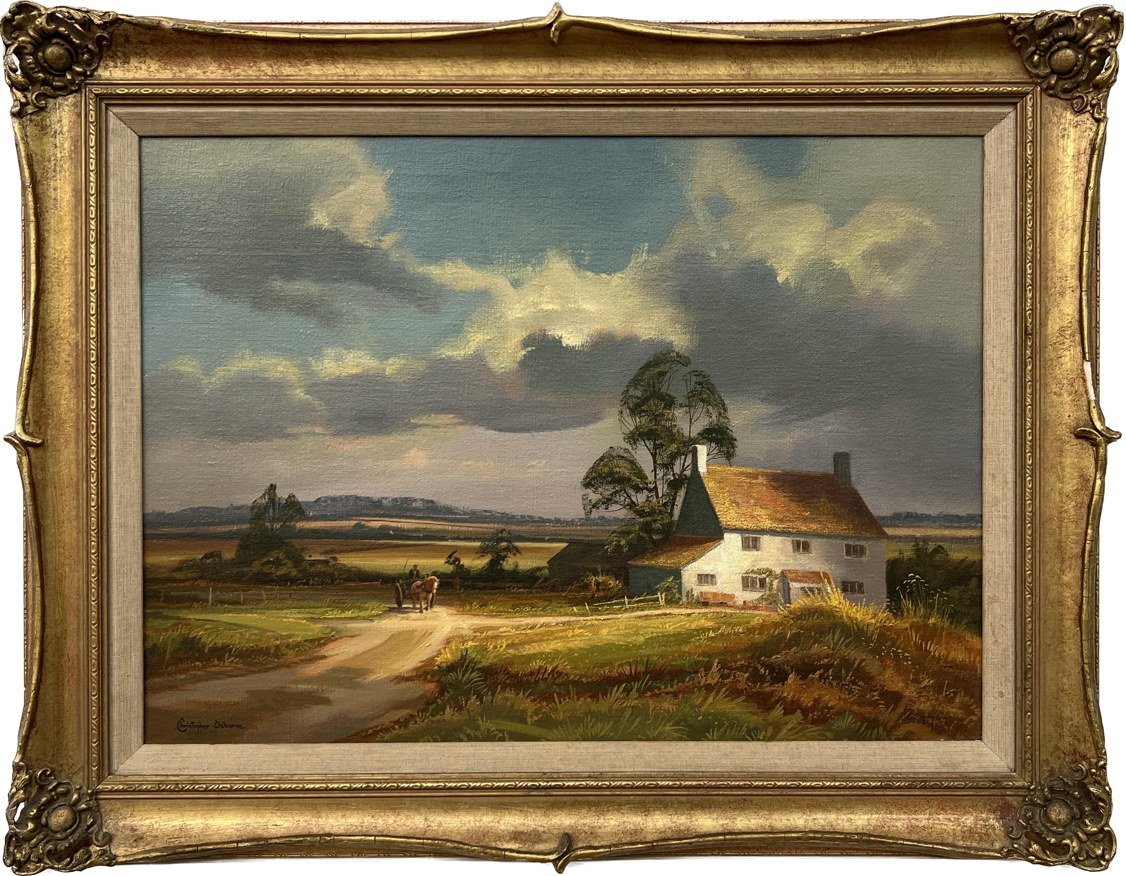 Christopher Osborne Landscape Painting – Englisches Bauernhaus mit Pferd undwagen inmitten von Feldern und Bäumen im herbstlichen Sonnenschein