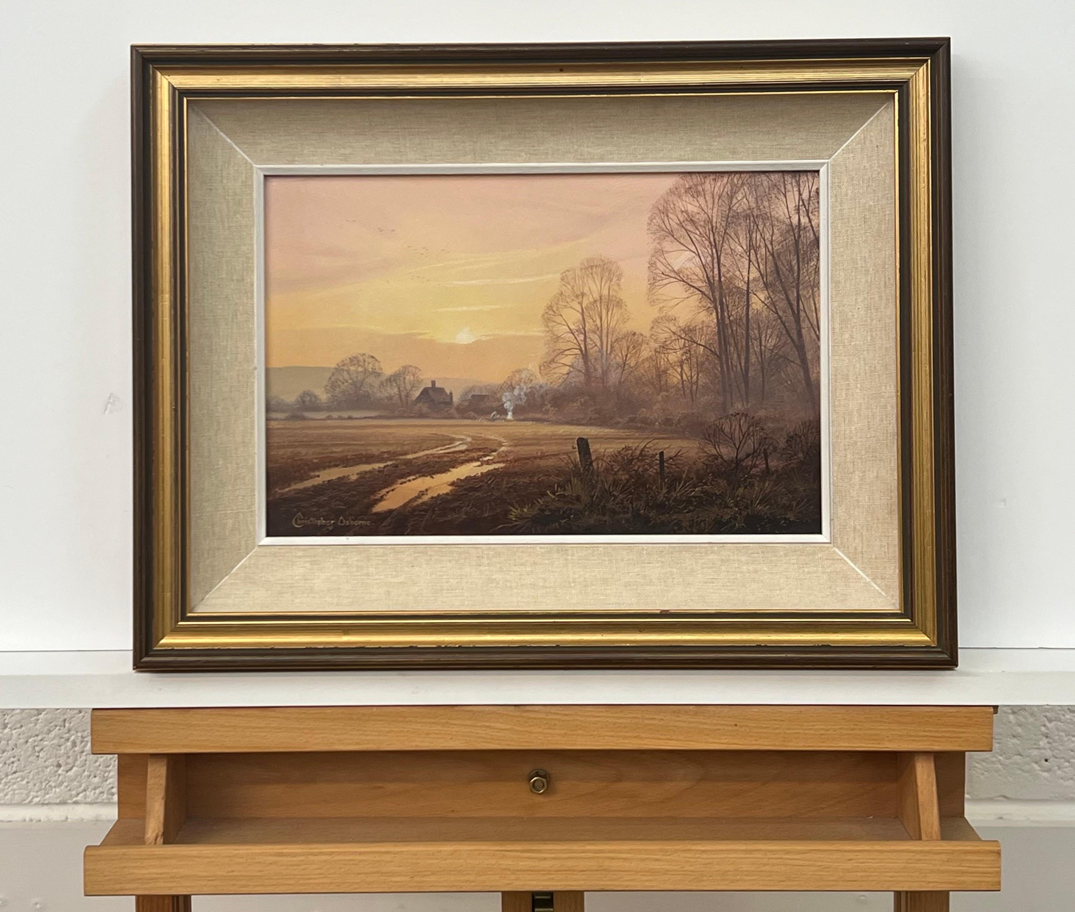 The Farm in the Woods at Sunset in der englischen Landschaft mit warmen braunen Farben (Fotorealismus), Painting, von Christopher Osborne