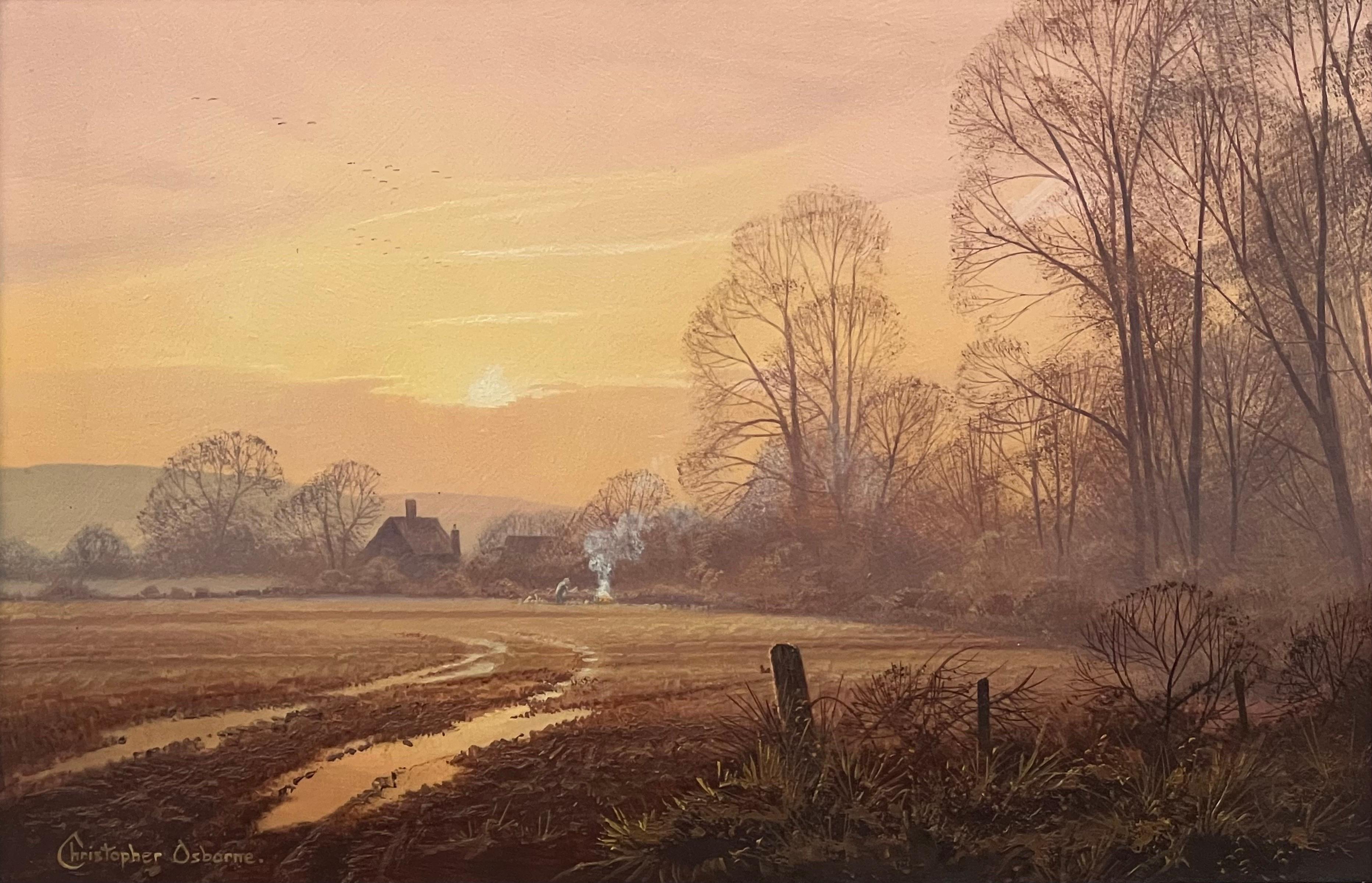 Farm in the Woods at Sunset in the English Countryside with Winter Trees and Warm Brown Colours, by 20th Century British Artist Christopher Osborne. 

Art measures 12 x 8 inches 
Frame measures 16 x 12 inches 

Signed, oil on board, presented in a