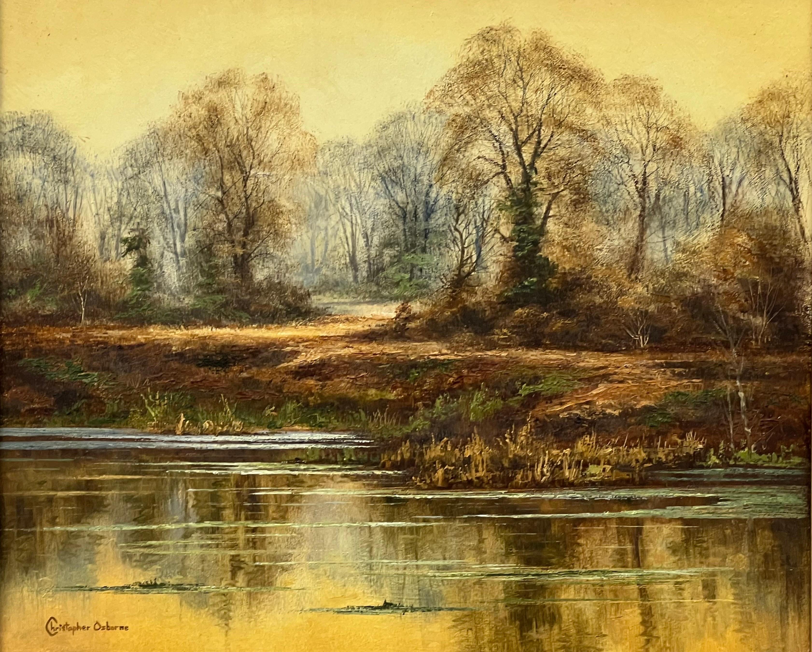 The Reflections on Forest Pond in the English Countryside with Warm Yellows & Browns (Réflexions sur un étang de forêt dans la campagne anglaise avec des jaunes et des bruns chauds) en vente 7