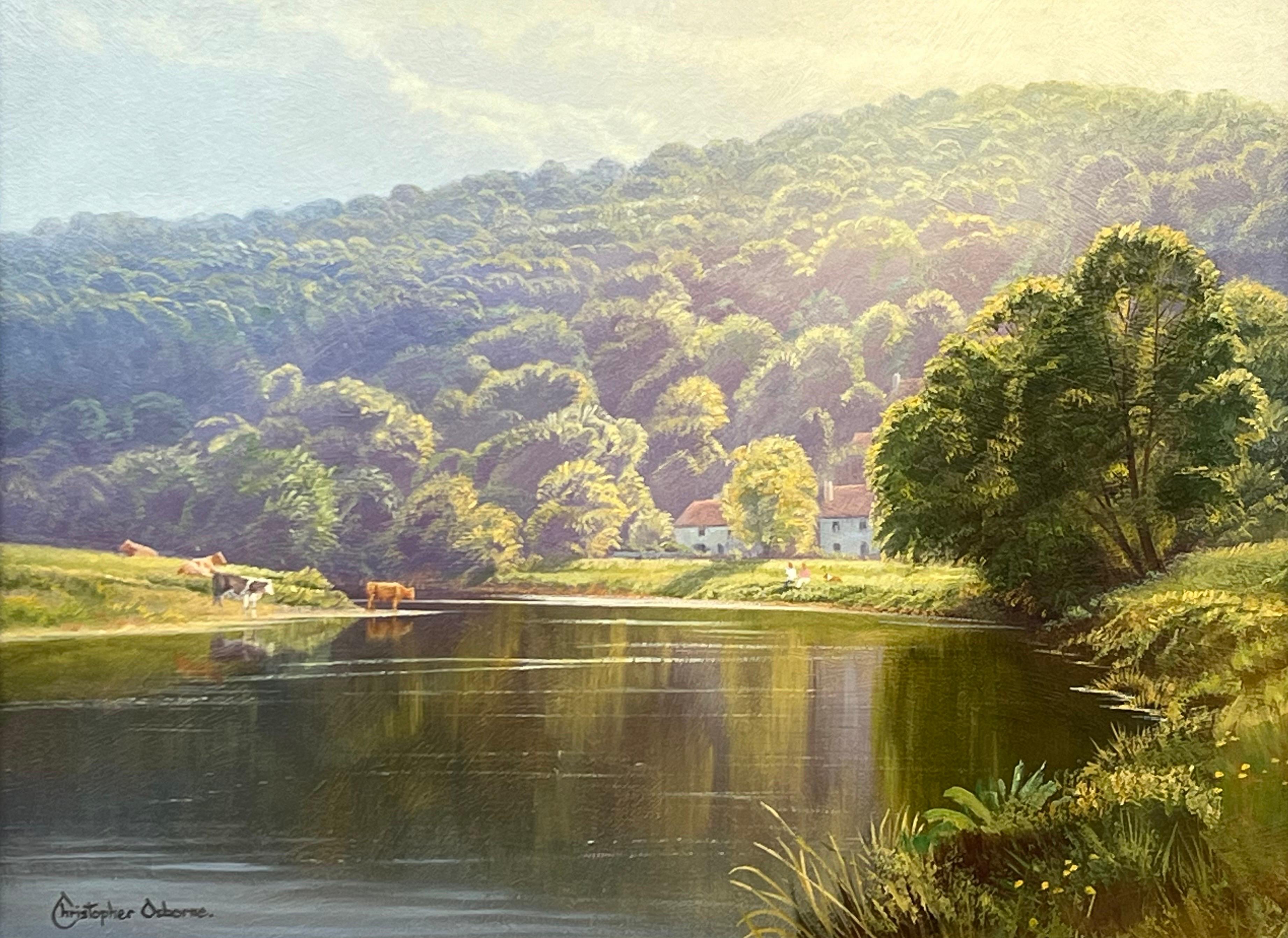 Summer Scene on Tree Lined River with Cattle in English Countryside in Sunshine For Sale 7
