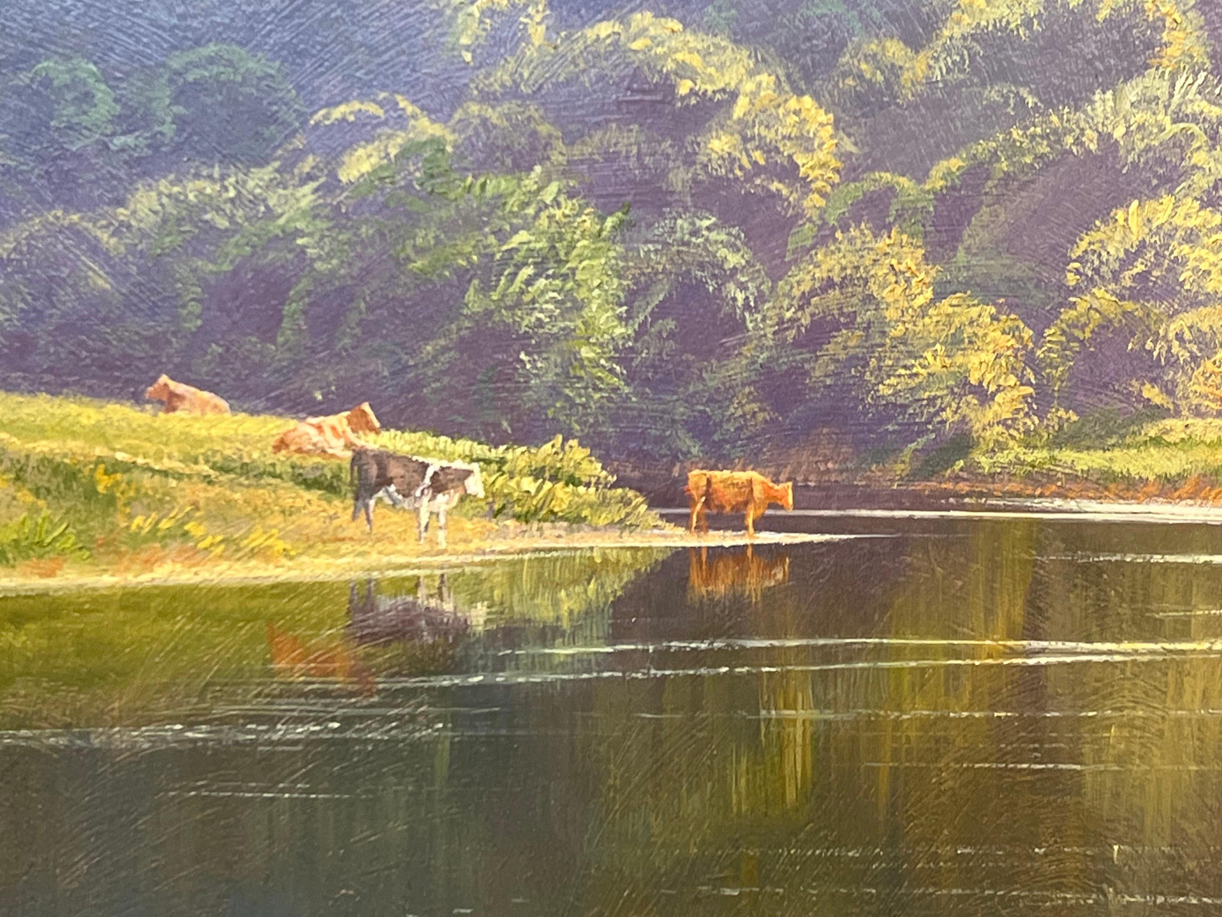 Summer Scene on Tree Lined River with Cattle in English Countryside in Sunshine For Sale 9