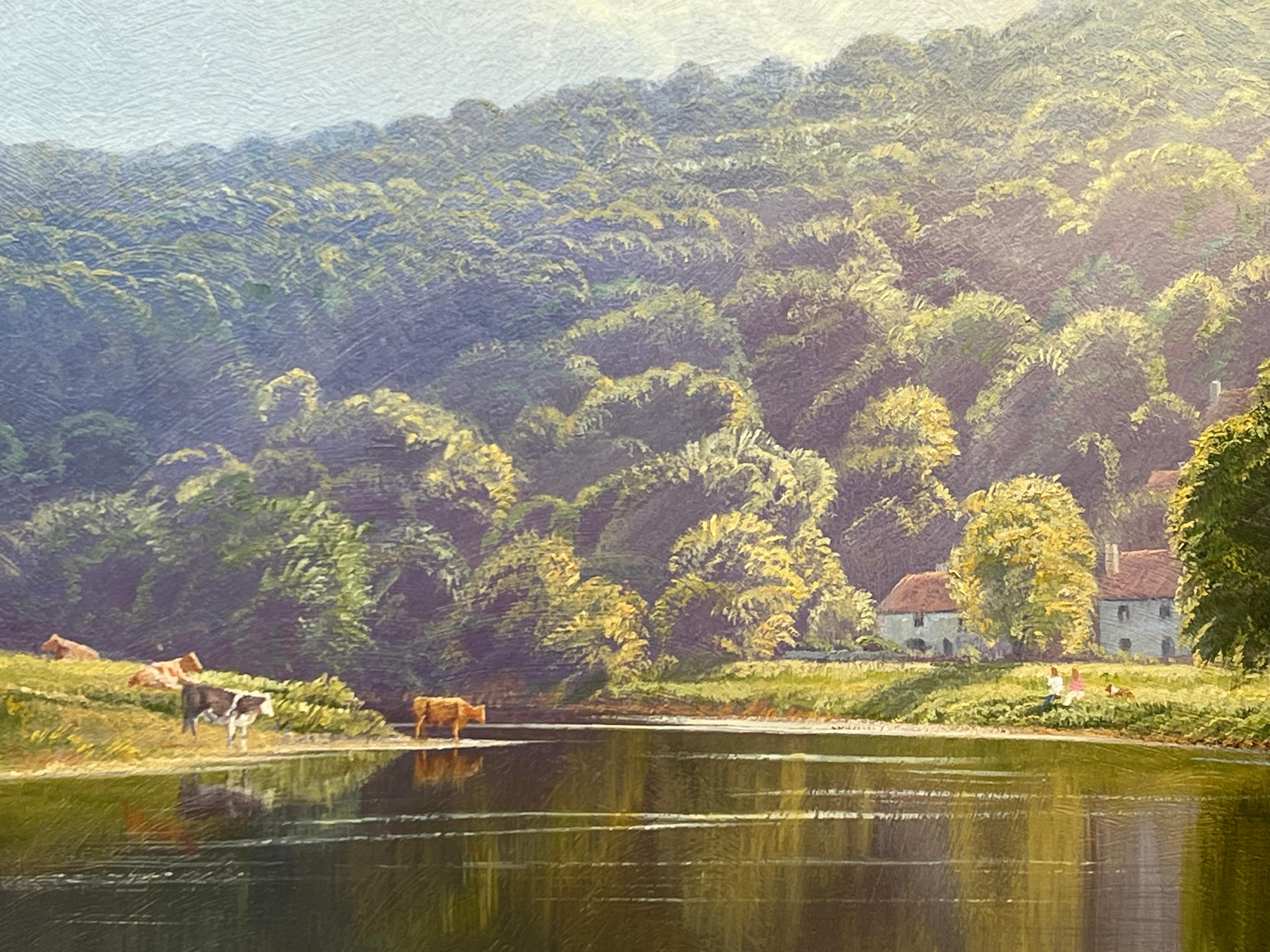 Summer Scene on Tree Lined River with Cattle in English Countryside in Sunshine For Sale 2