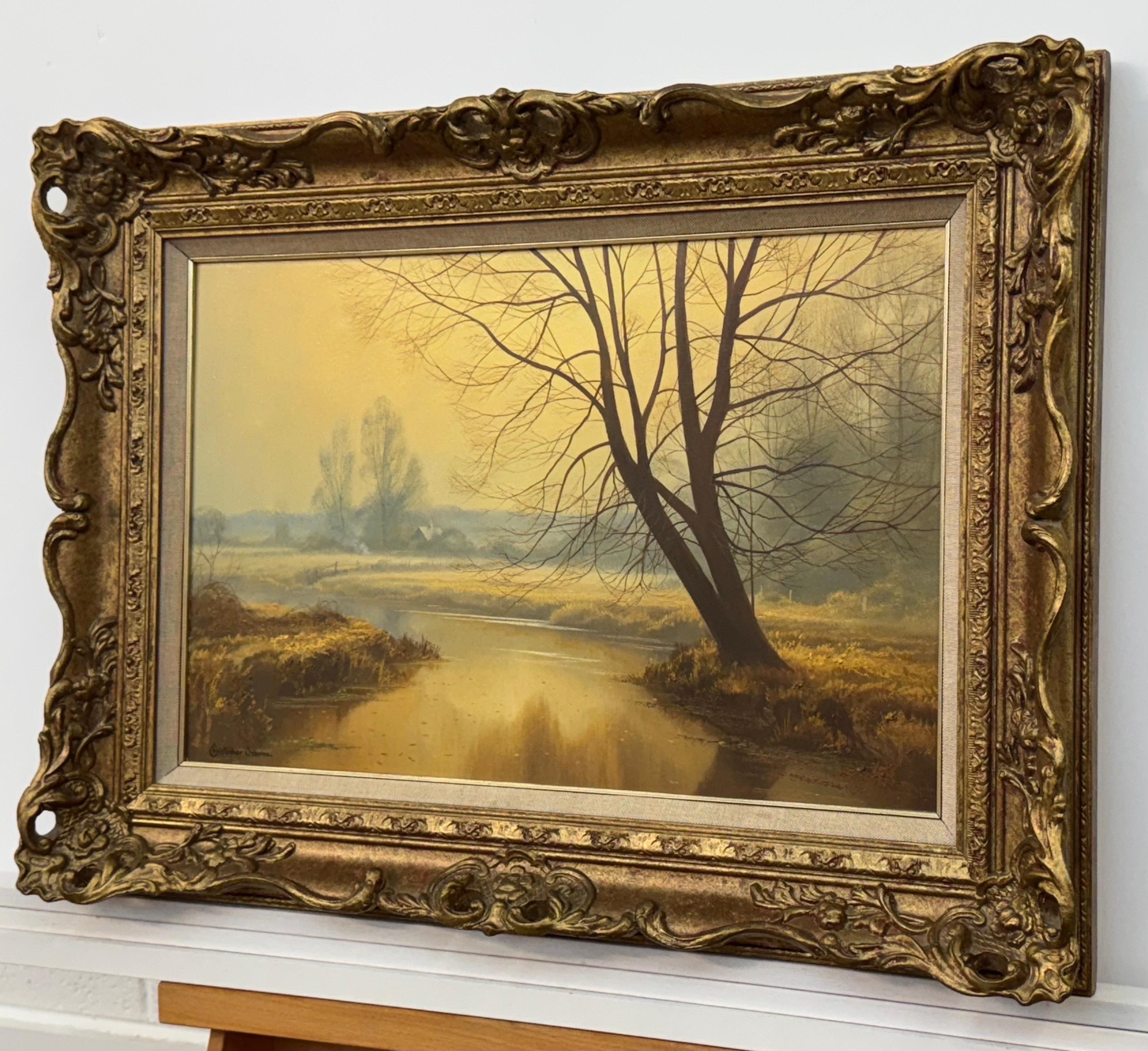 Paisaje brumoso de un río amarillo dorado con árboles invernales en la campiña inglesa en venta 4
