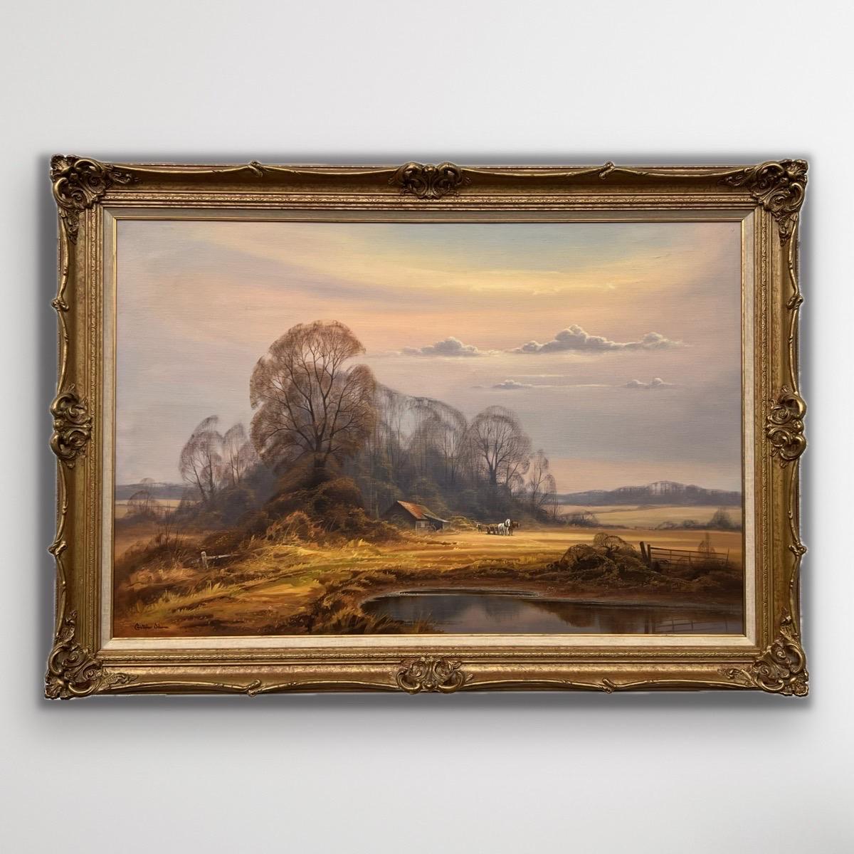 Granja tradicional inglesa con caballos, figuras, árboles y lago por un artista británico - Painting de Christopher Osborne