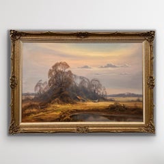 Fattoria tradizionale inglese con cavalli, figure, alberi e lago di un artista britannico