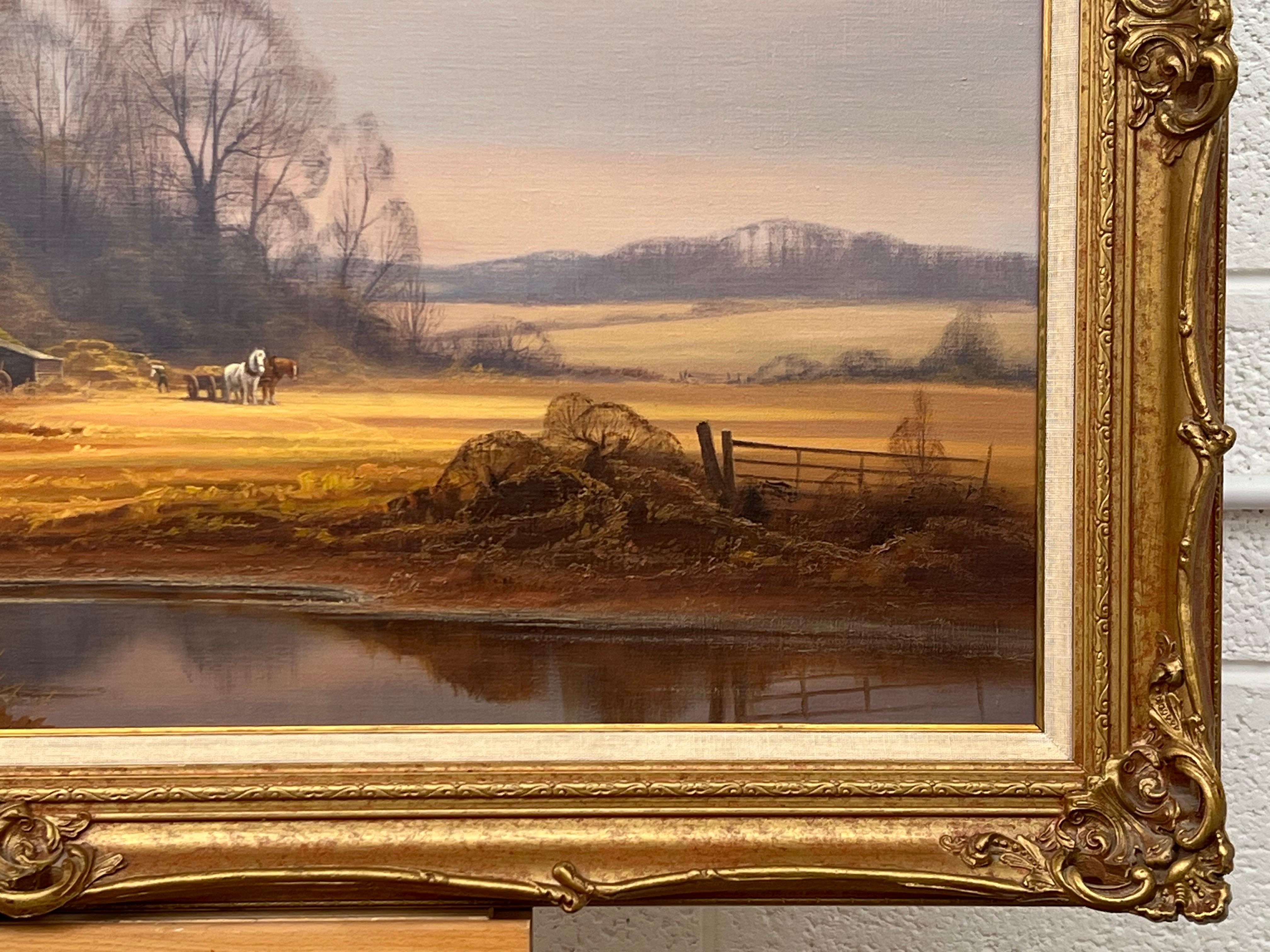Traditional English Farm with Horses, Figures, Trees & Lake by British Artist For Sale 2