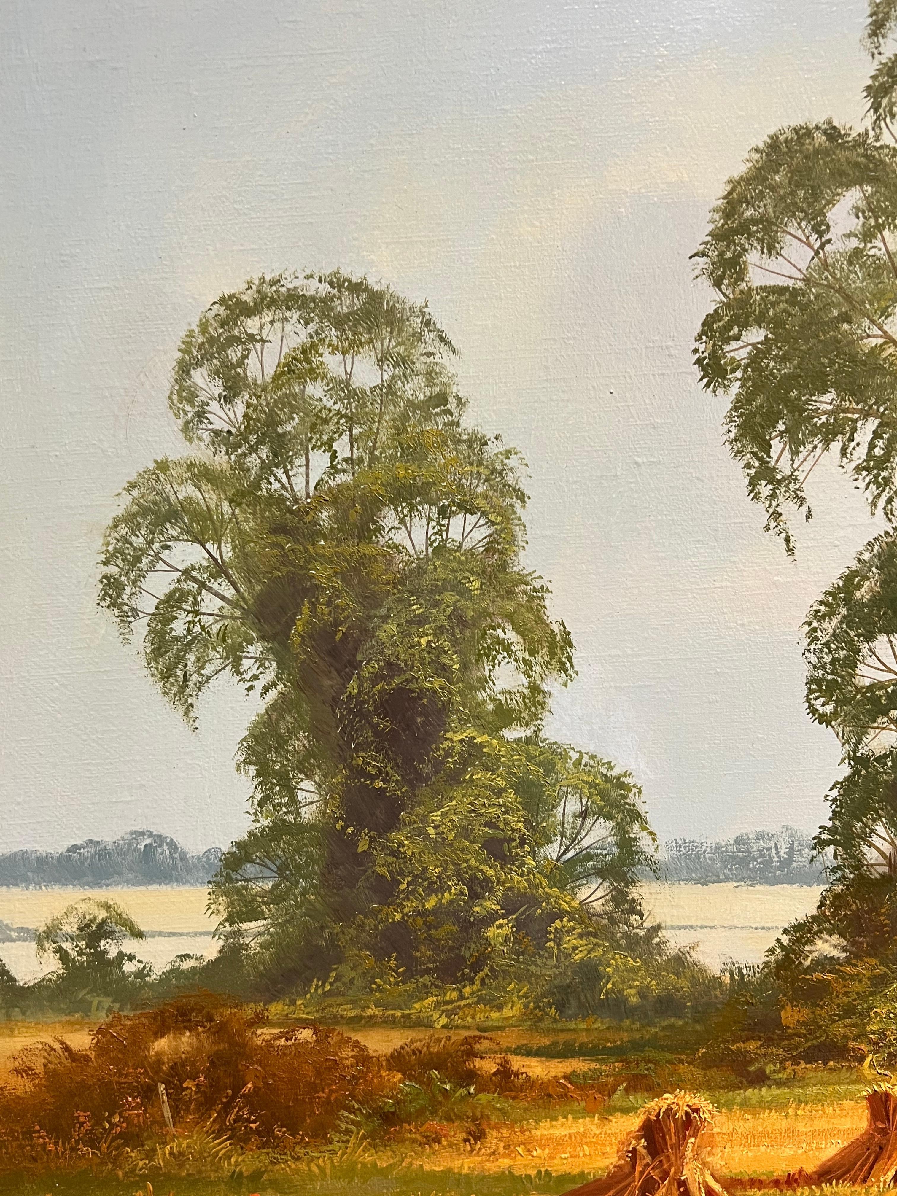 Grande peinture à l'huile traditionnelle anglaise d'un paysage de moisson signée et dorée 5