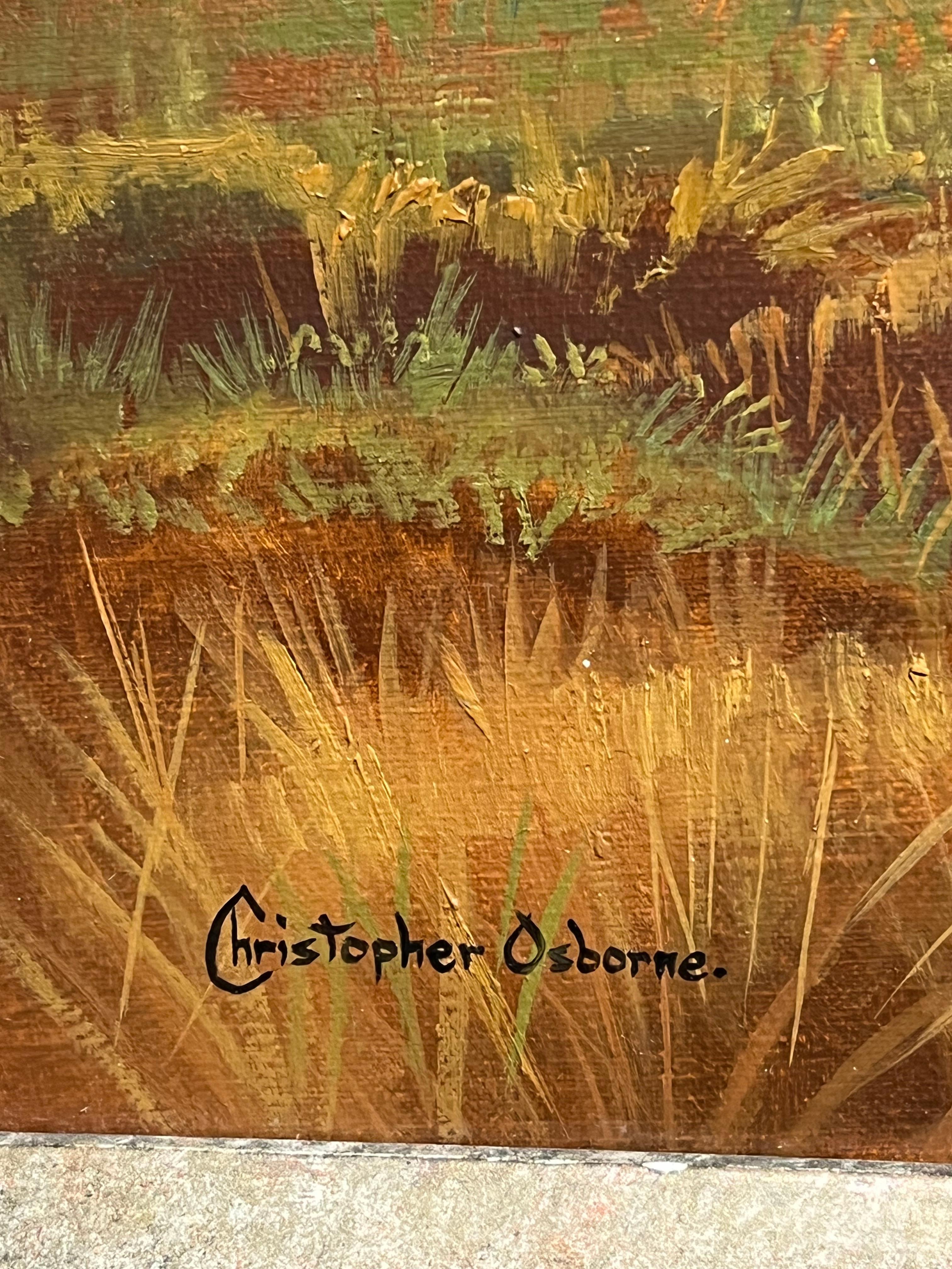 Grande peinture à l'huile traditionnelle anglaise d'un paysage de moisson signée et dorée 6