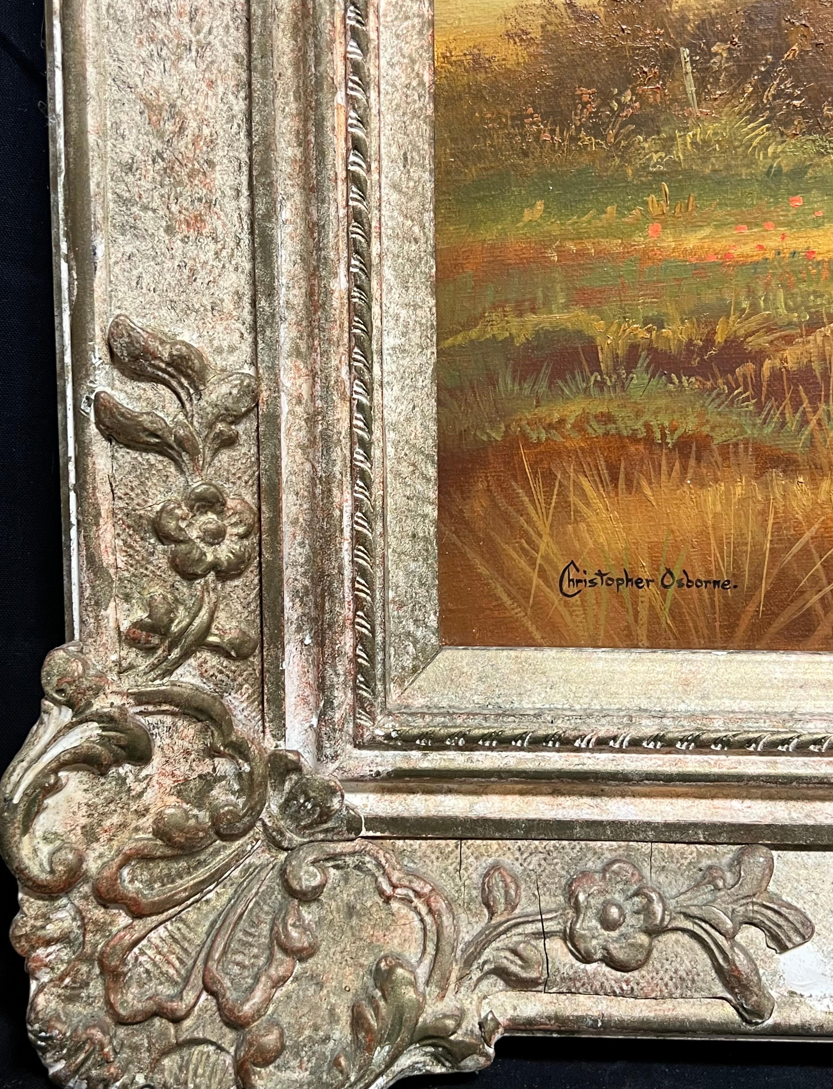 Grande peinture à l'huile traditionnelle anglaise d'un paysage de moisson signée et dorée 7