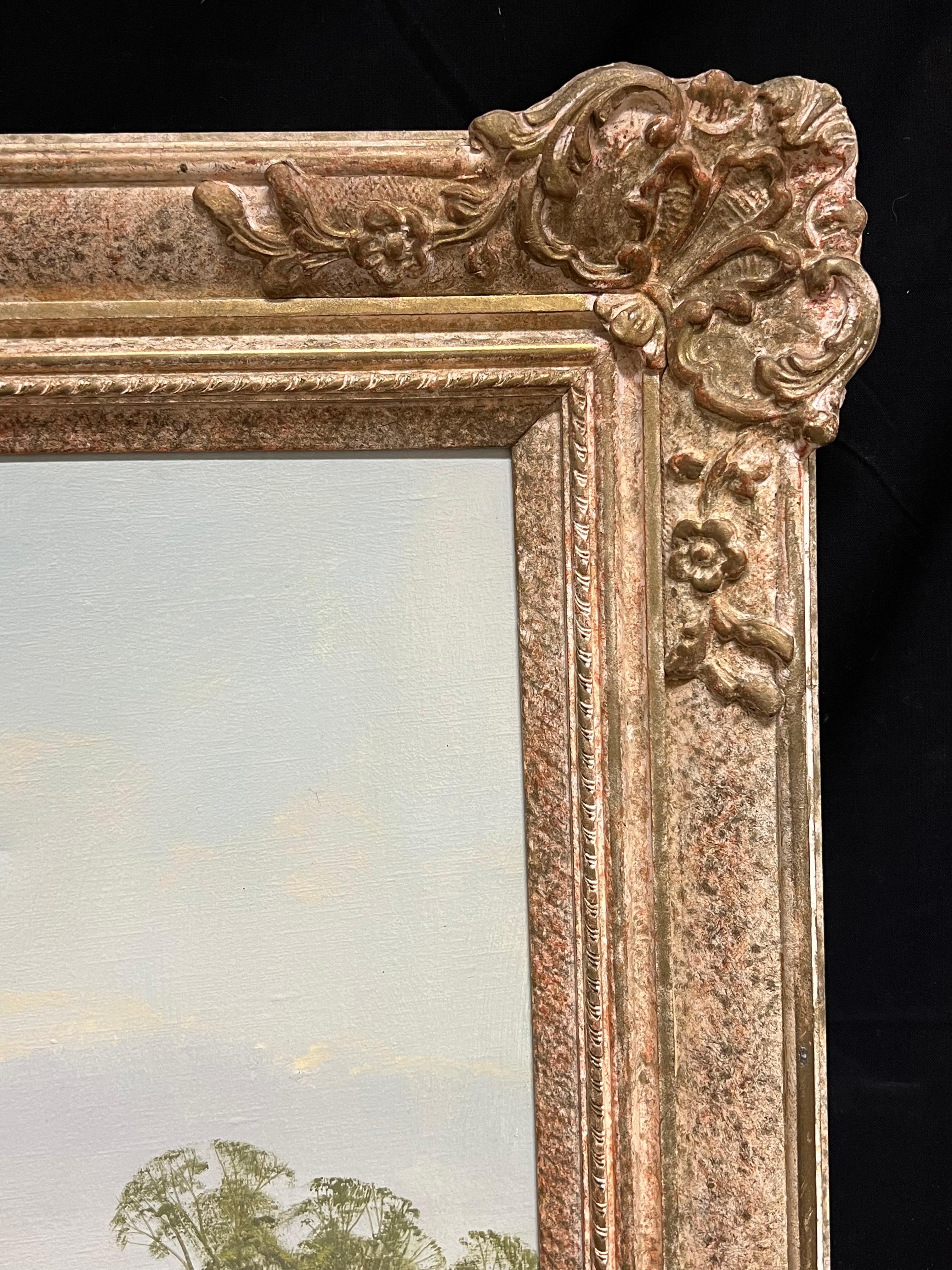 Grande peinture à l'huile traditionnelle anglaise d'un paysage de moisson signée et dorée 8