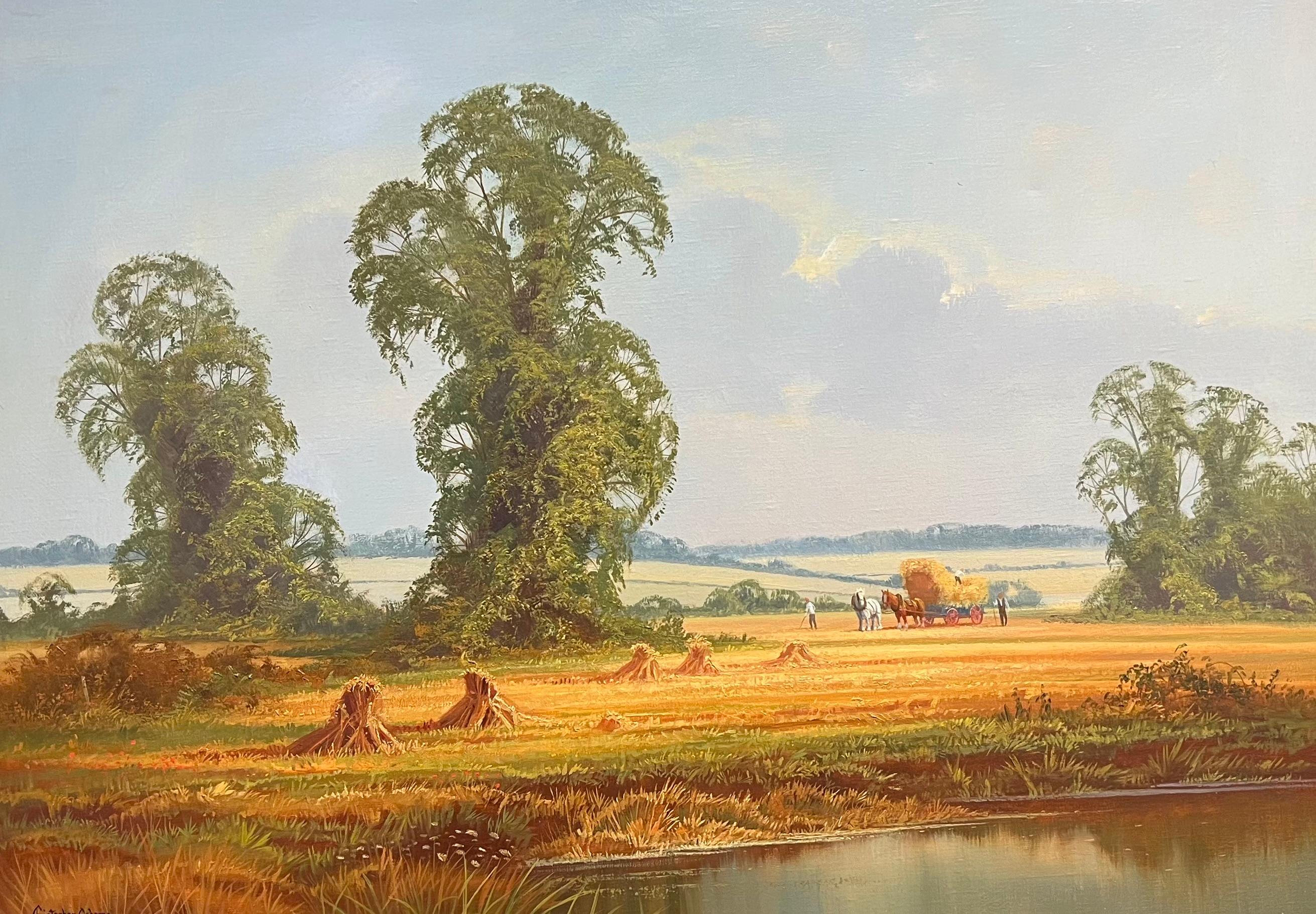 Grande peinture à l'huile traditionnelle anglaise d'un paysage de moisson signée et dorée - Painting de Christopher Osbourne