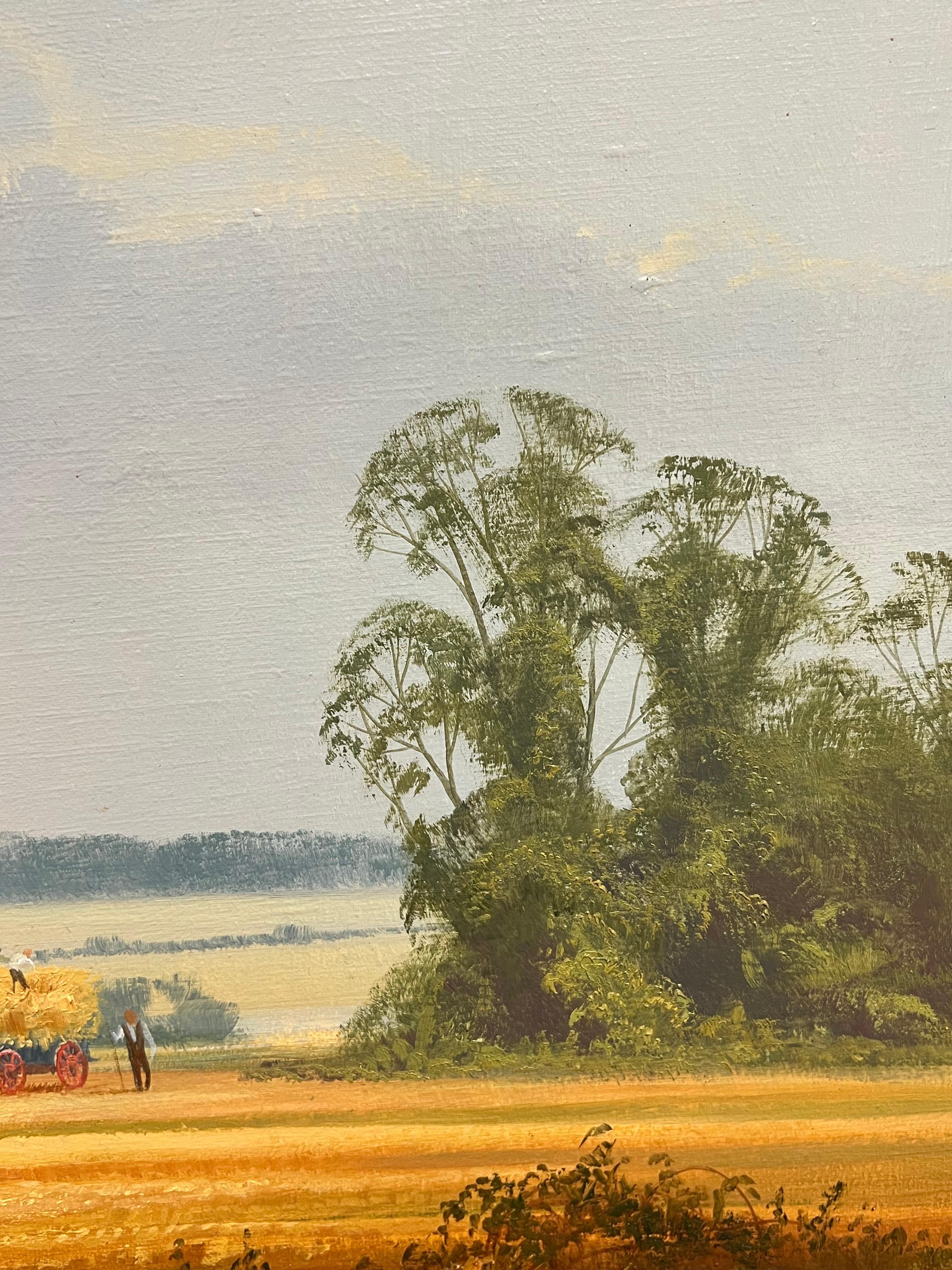 Grande peinture à l'huile traditionnelle anglaise d'un paysage de moisson signée et dorée - Marron Animal Painting par Christopher Osbourne