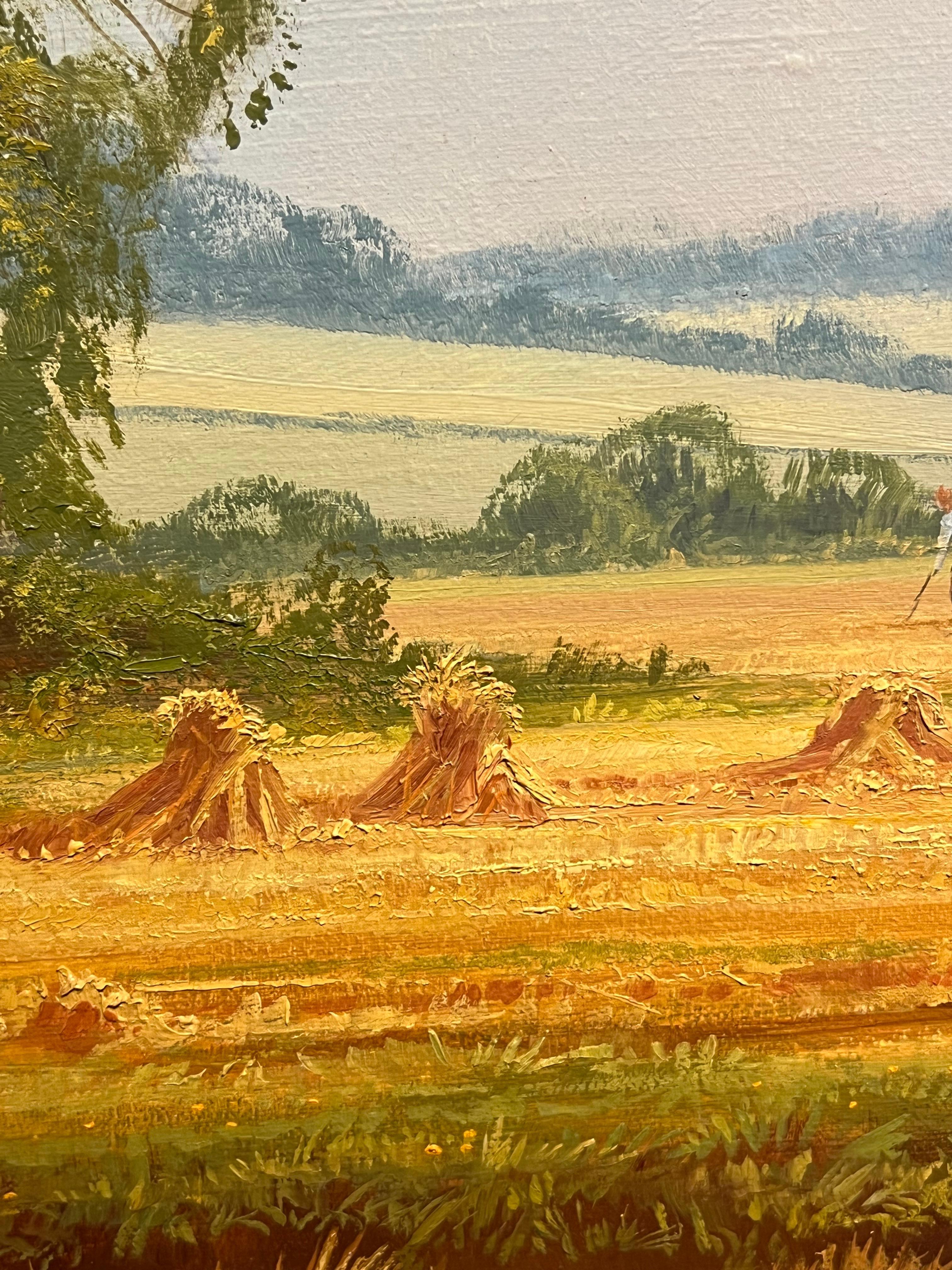 Grande peinture à l'huile traditionnelle anglaise d'un paysage de moisson signée et dorée 1