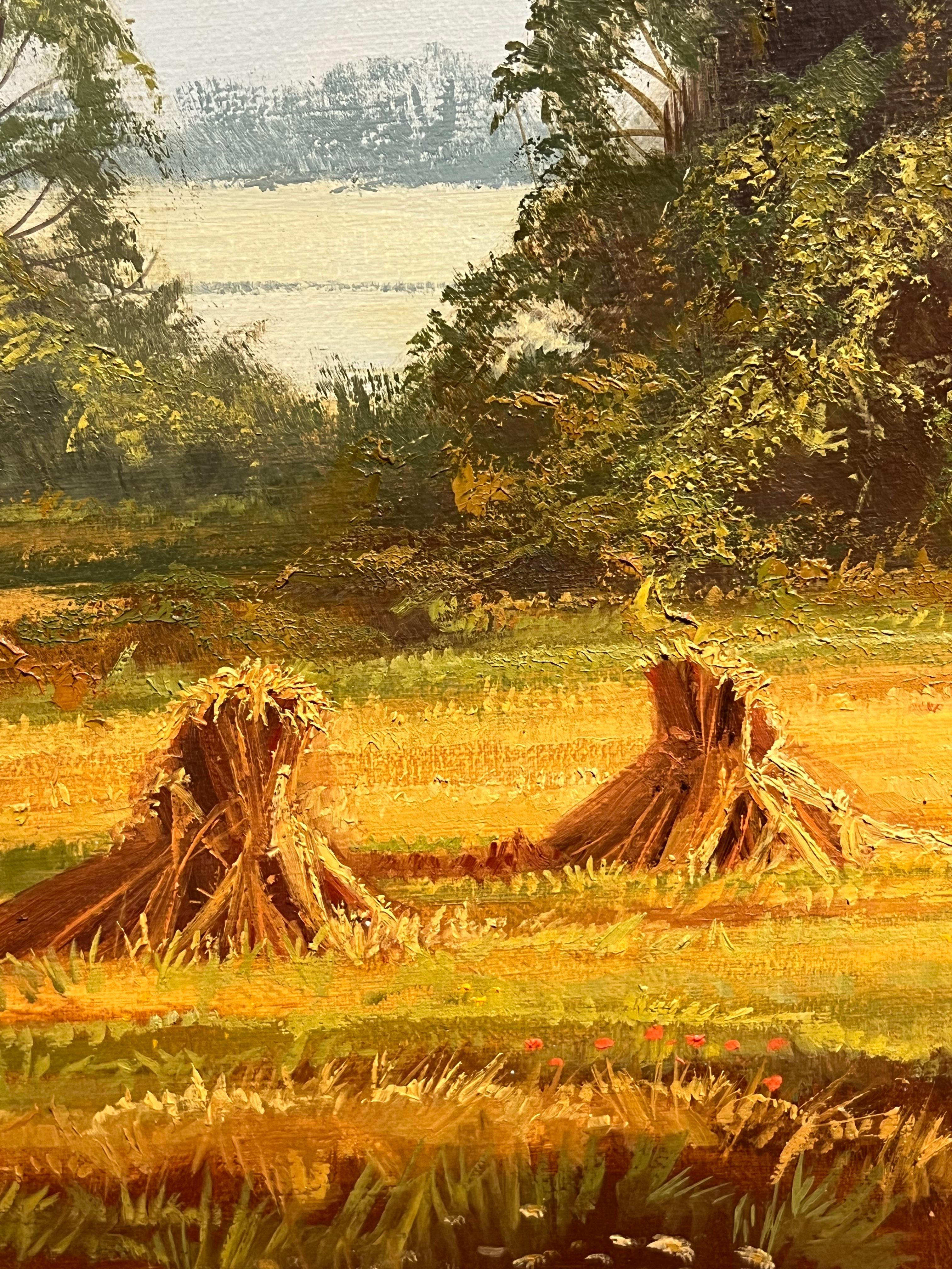 Grande peinture à l'huile traditionnelle anglaise d'un paysage de moisson signée et dorée 2